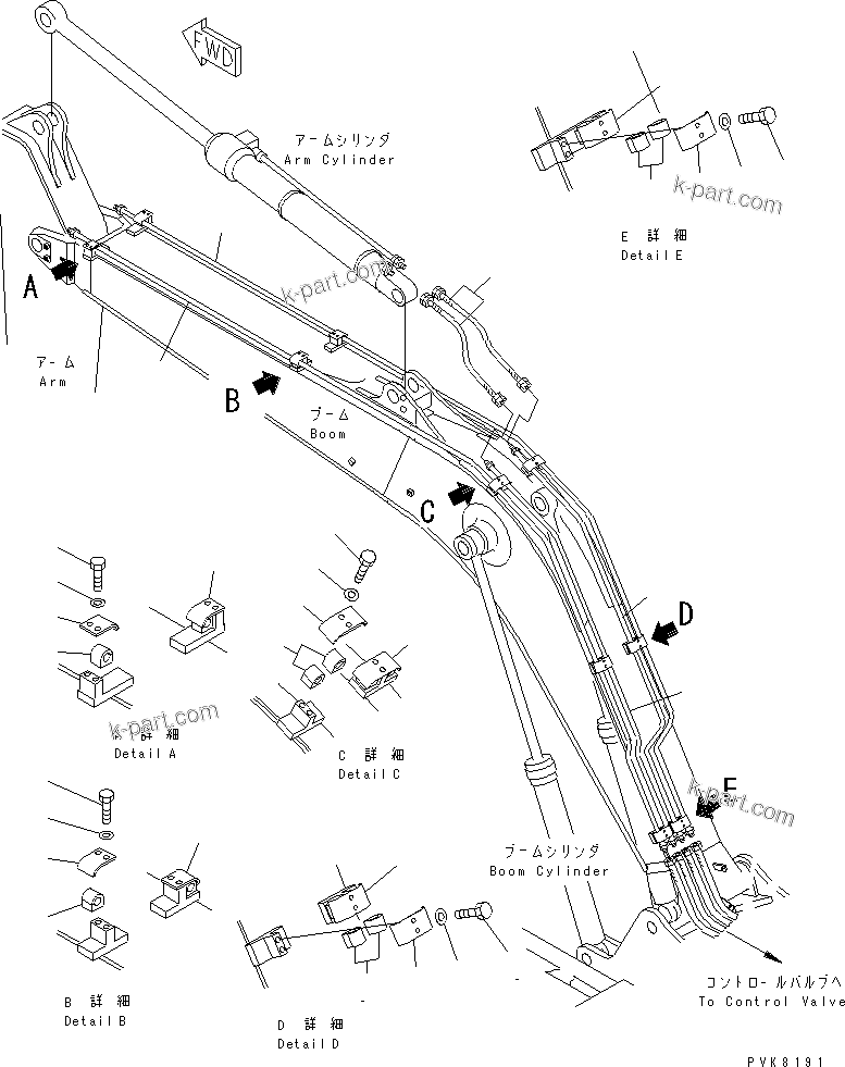 Komatsu parts book diagram for PW150ES-6K S/N K30001-UP: 1-PIECE BOOM (PIPING)