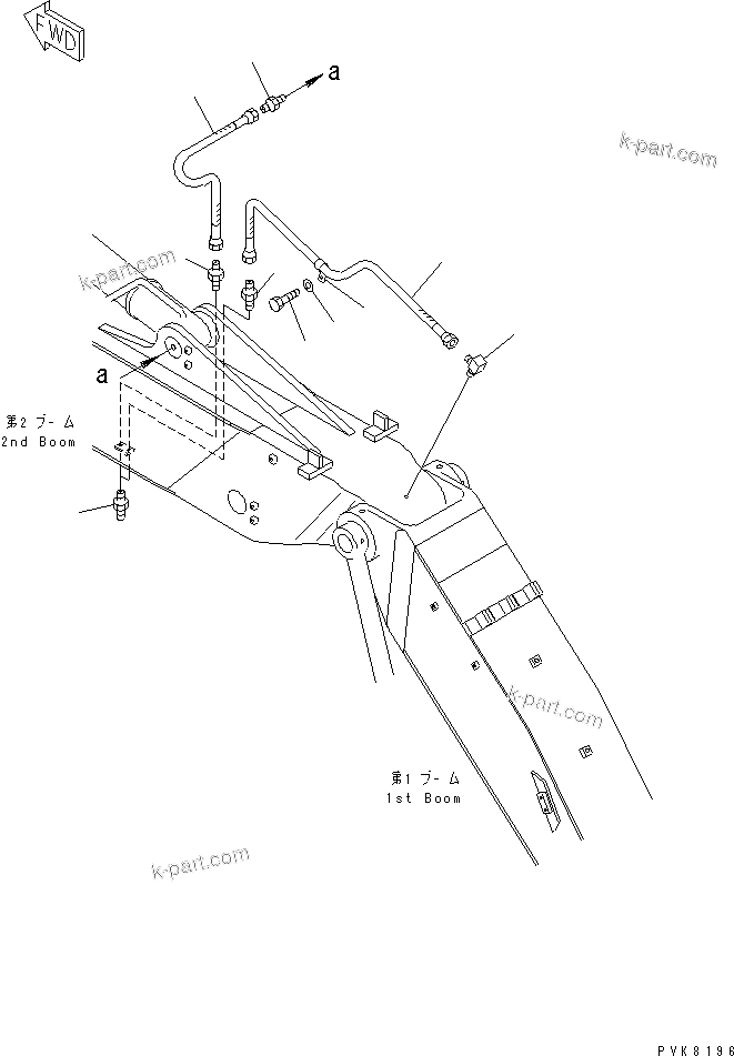 Komatsu parts book diagram for PW150ES-6K S/N K30001-UP: 2-PIECES BOOM (LUBRICATION PIPING) (SECOND BOOM SIDE)
