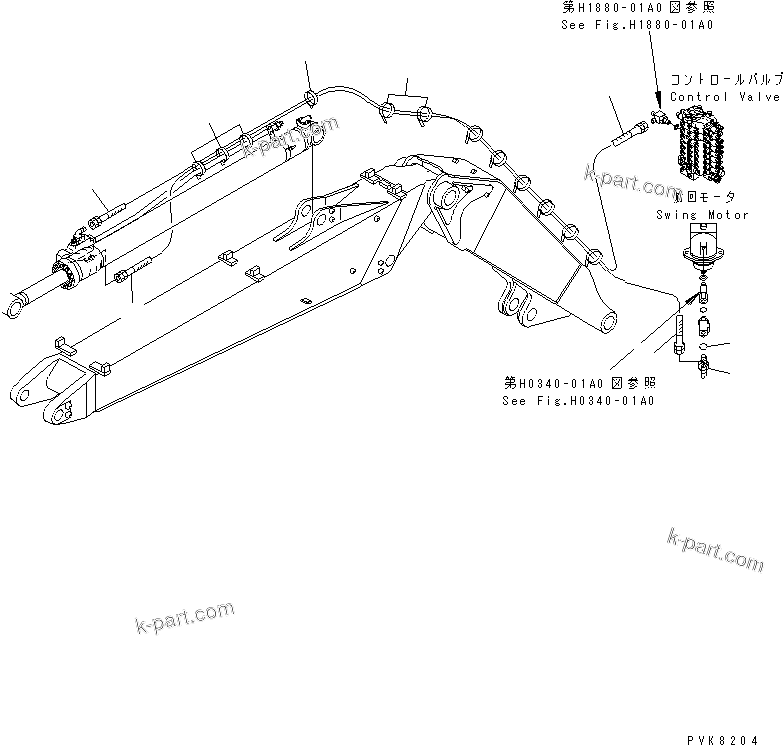 Komatsu parts book diagram for PW150ES-6K S/N K30001-UP: ARM CYLINDER (SAFETY VALVE LINE) (FOR 2-PIECES BOOM)