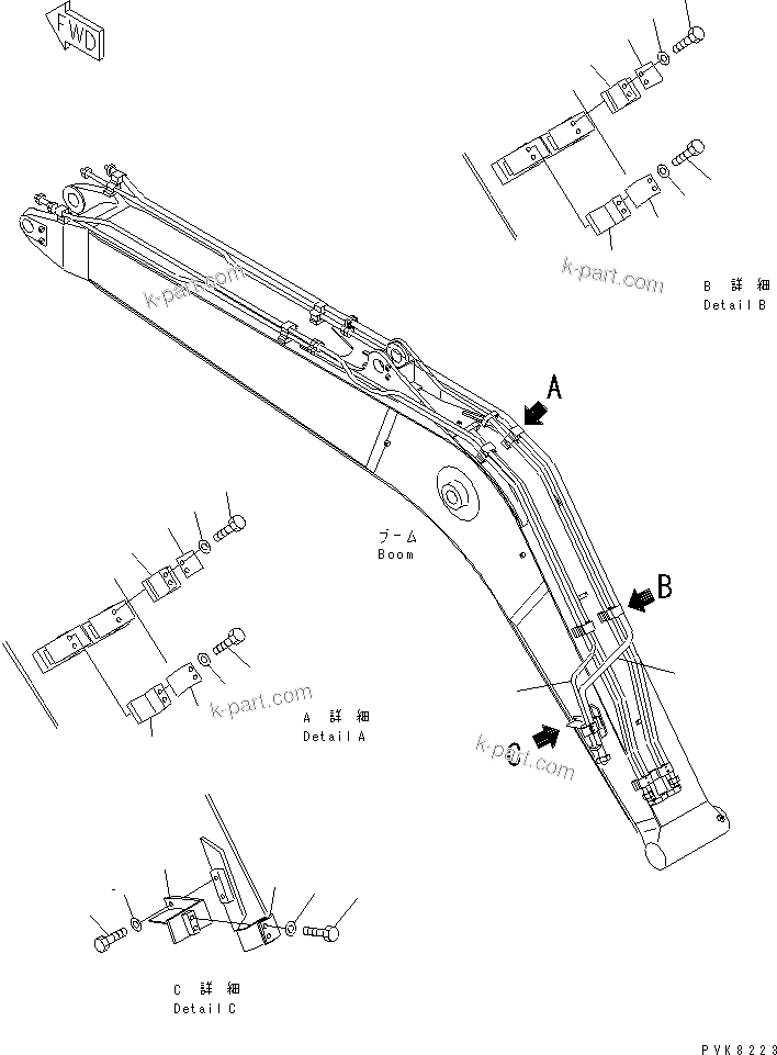 Komatsu parts book diagram for PW150ES-6K S/N K30001-UP: ATTACHMENT LINE (BOOM LINE ? 1/2) (FOR 1-PIECE BOOM)