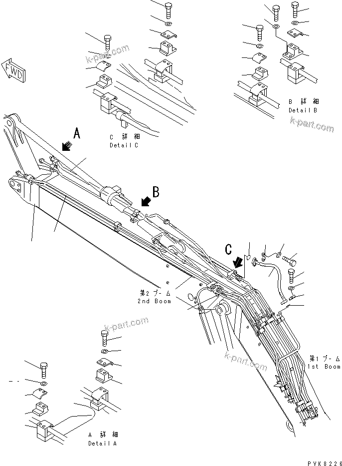Komatsu parts book diagram for PW150ES-6K S/N K30001-UP: ATTACHMENT LINE (2ND BOOM LINE) (FOR 2-PIECES BOOM)