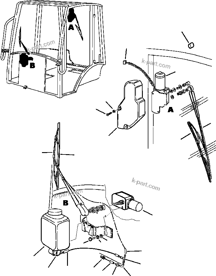 Komatsu parts book diagram for WB140PS-2N S/N A40034-UP: FIG. K5205-01A0 CAB - FRONT AND REAR WIPERS