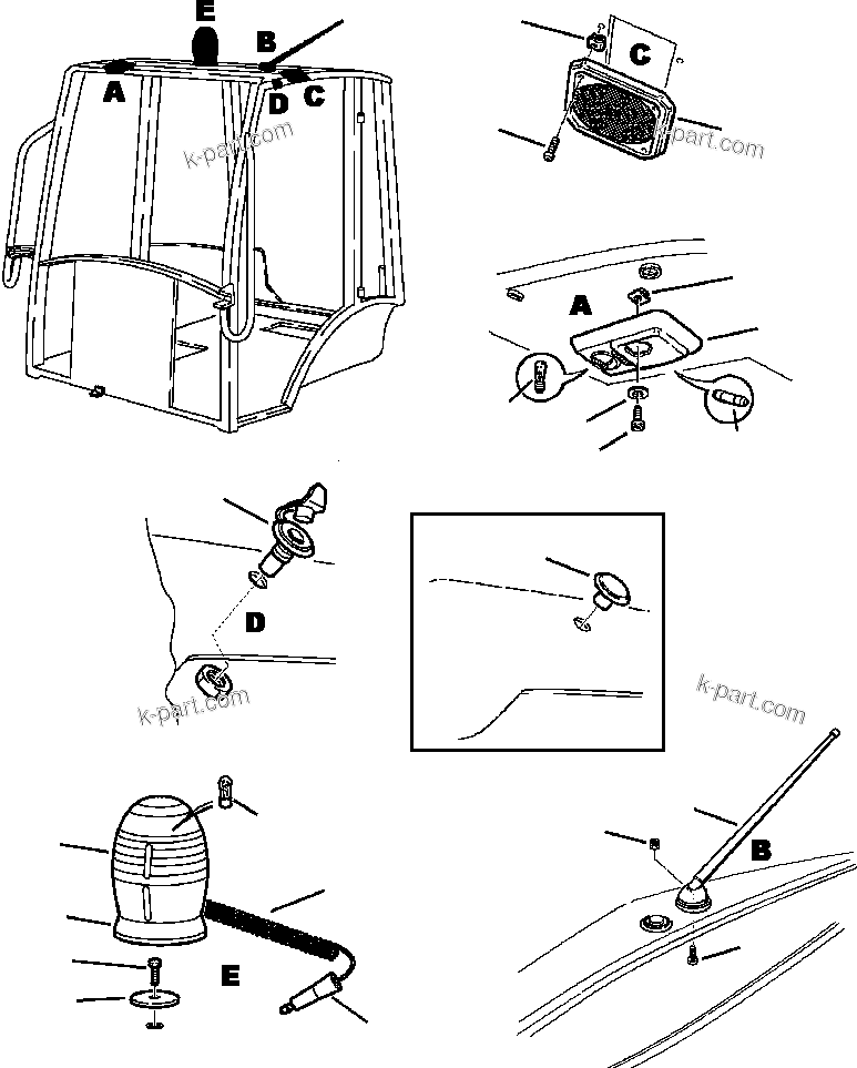 Komatsu parts book diagram for WB140PS-2N S/N A40034-UP: FIG. K5207-01A0 CAB - DOME LIGHT, ANTENNA, ROTARY BEAM AND SPEAKER GRILL