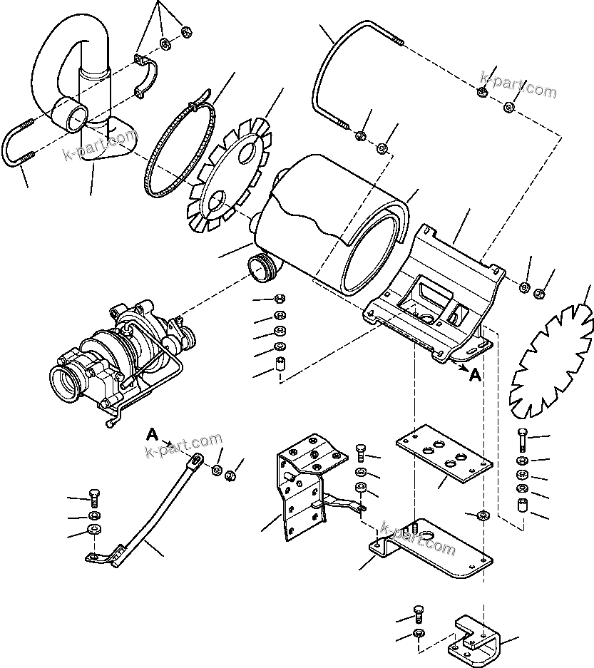 Komatsu parts book diagram for WB156-5 BACKHOE LOADER S/N A63001-UP: B1150-01A0 MUFFLER