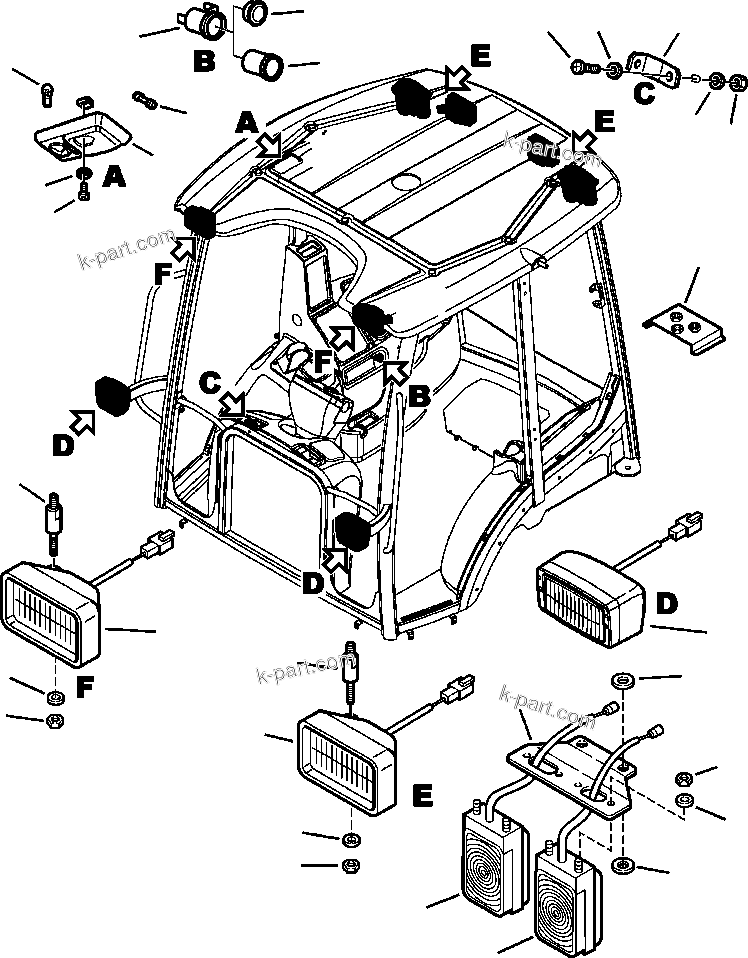 Komatsu parts book diagram for WB156-5 BACKHOE LOADER S/N A63001-UP: E1525-01A0 ELECTRICAL WIRING CAB LIGHTS (6/6)