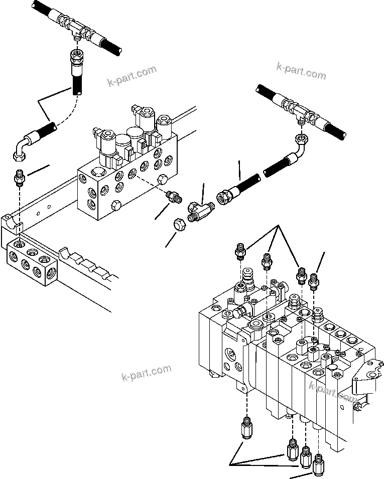 Komatsu parts book diagram for WB156-5 BACKHOE LOADER S/N A63001-UP: H6306-01A0 MACHINE PIPING CONTROL VALVE AND FEED UNIT LINES