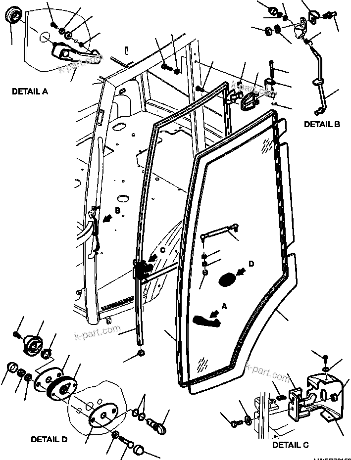 Komatsu parts book diagram for WB156-5 BACKHOE LOADER S/N A63001-UP: K5101-01A0 CAB WITHOUT AIR CONDITIONING LEFT DOOR