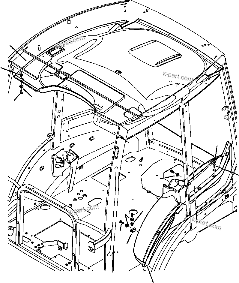 Komatsu parts book diagram for WB156-5 BACKHOE LOADER S/N A63001-UP: K5107-01A0 CAB WITHOUT AIR CONDITIONING HEADLINER AND LEFT SIDE