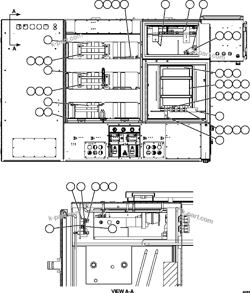 Komatsu parts book diagram for AFE57-FS 830E-1AC S/N A30723 - A30726    ISLA RIESCO: CONTROL CABINET - REAR VIEW   58E-43-00020
