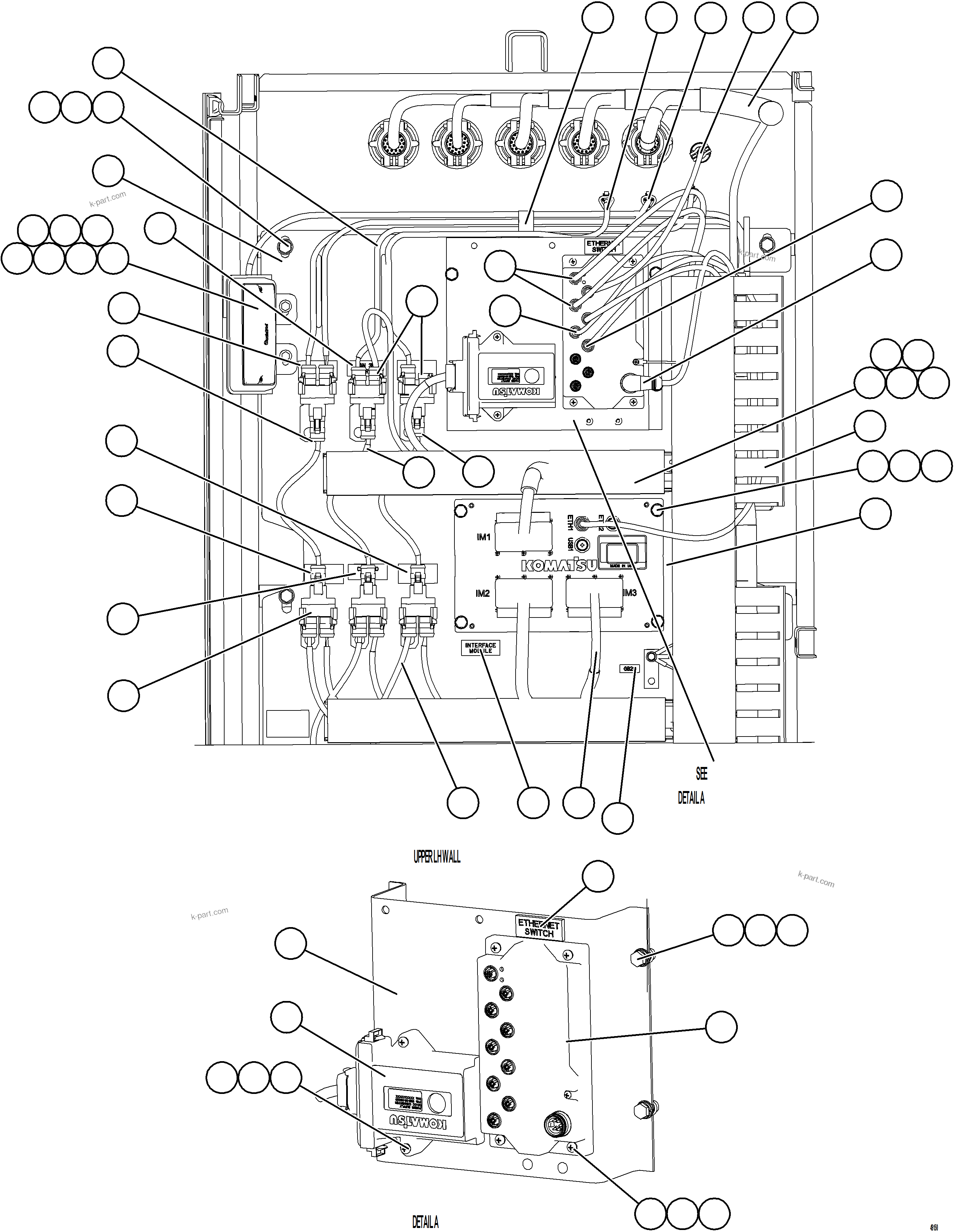 Komatsu parts book diagram for AFE57-KE 830E-1AC S/N A41140 - A41141  KBI: AUX CONTROL CABINET COMPONENTS - LH WALL    1/2