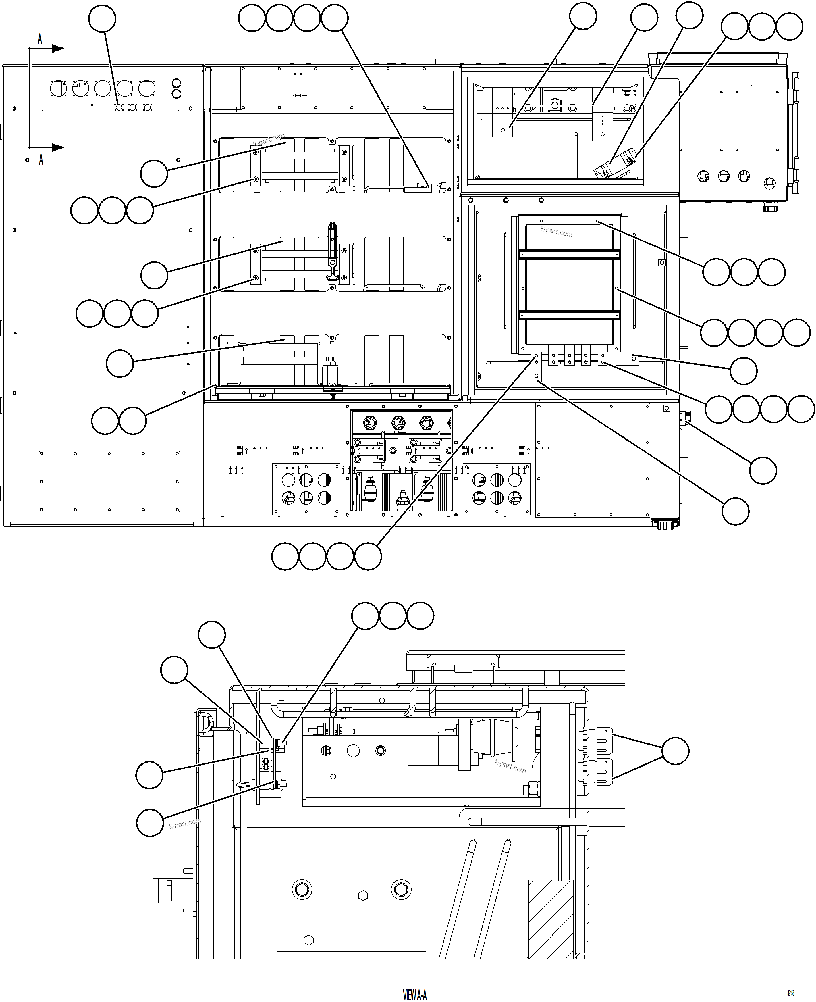 Komatsu parts book diagram for AFE57-KE 830E-1AC S/N A41140 - A41141  KBI: CONTROL CABINET - REAR VIEW    58E-43-00022