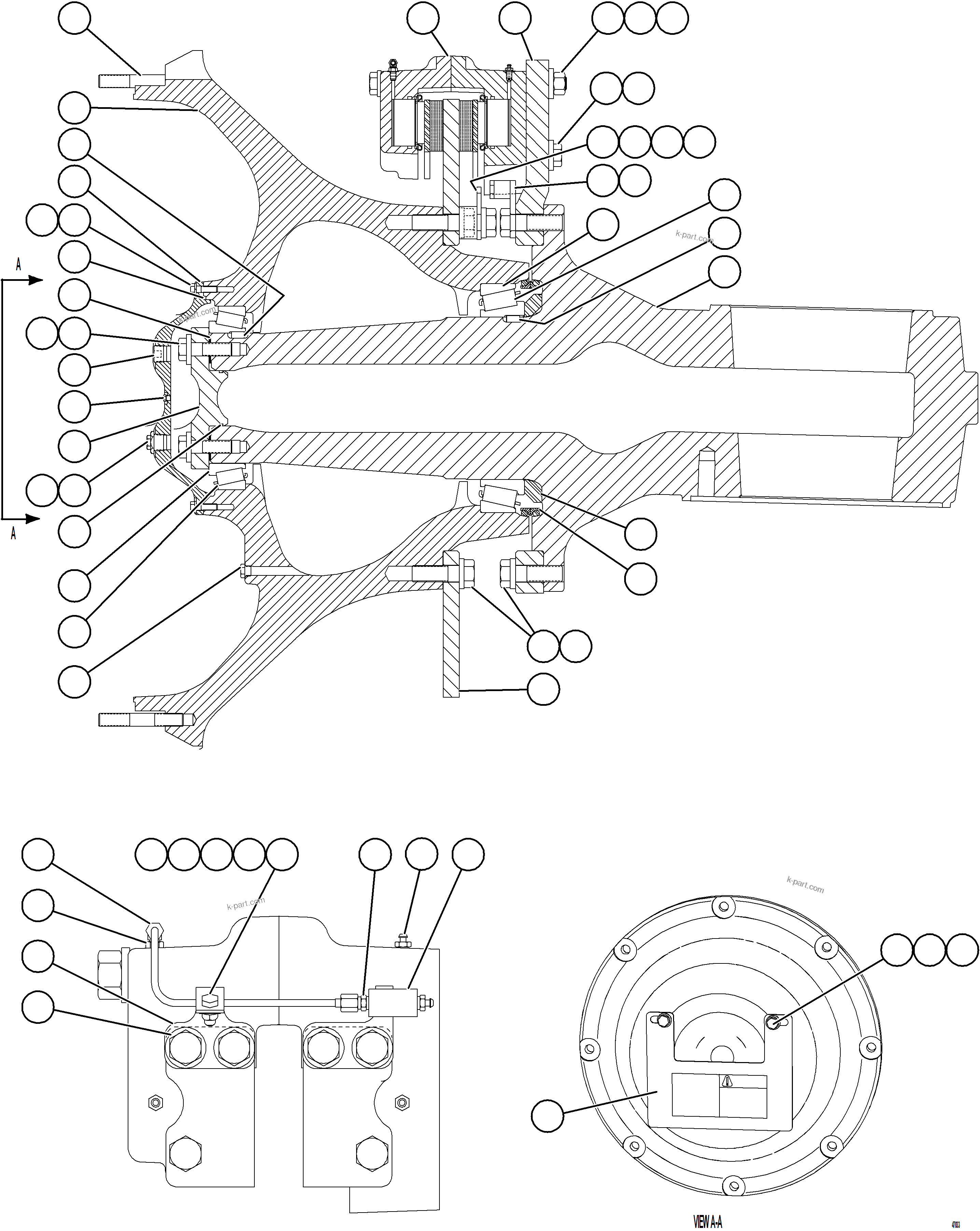 Komatsu parts book diagram for AFE57-KF 830E-1AC S/N A41142  MODERN MACHINERY: SPINDLE, HUB & BRAKE ASSEMBLY