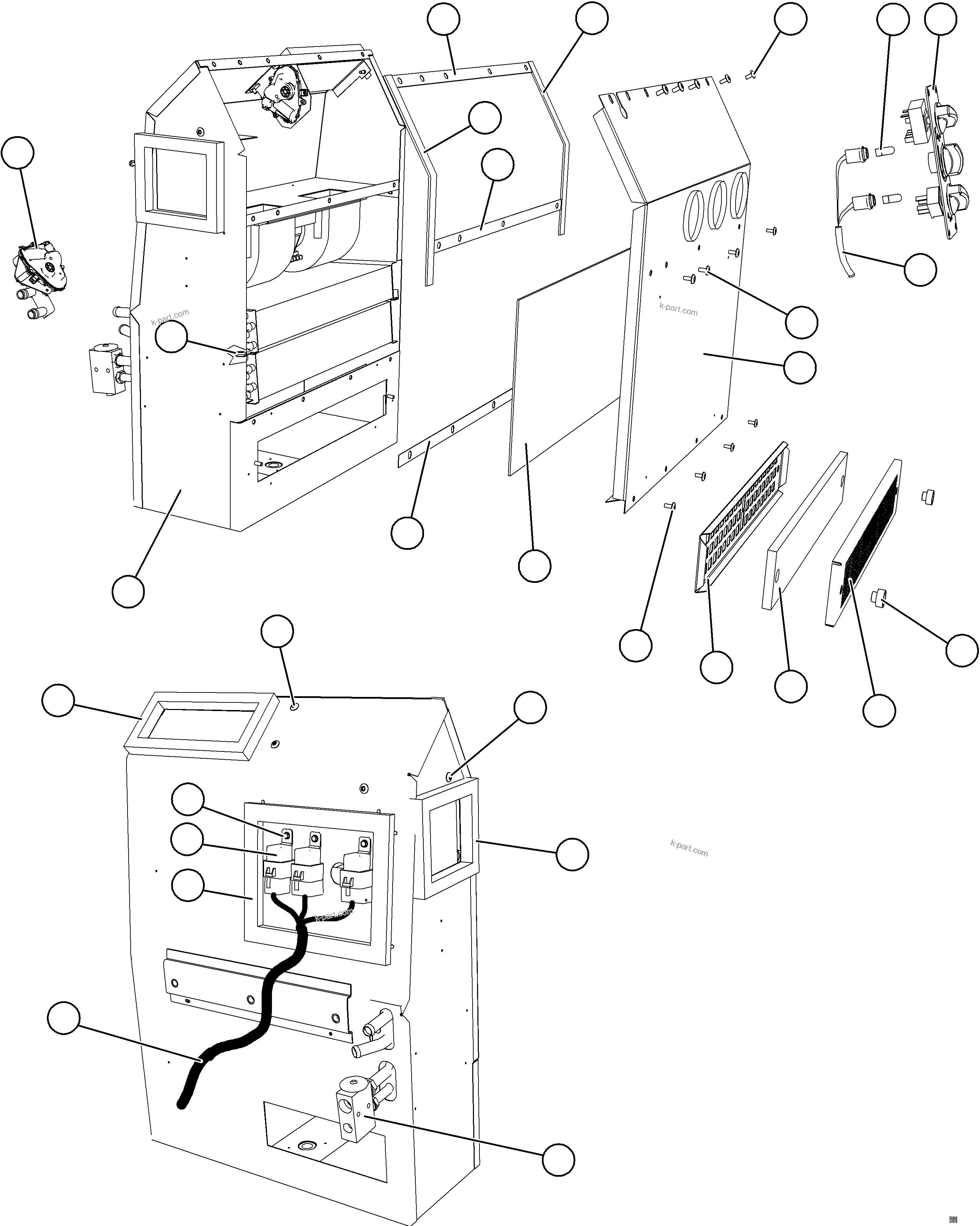 Komatsu parts book diagram for AFE57-KF 830E-1AC S/N A41142  MODERN MACHINERY: HEATER/AIR CONDITIONER ASSM    1/2    58F-07-00030