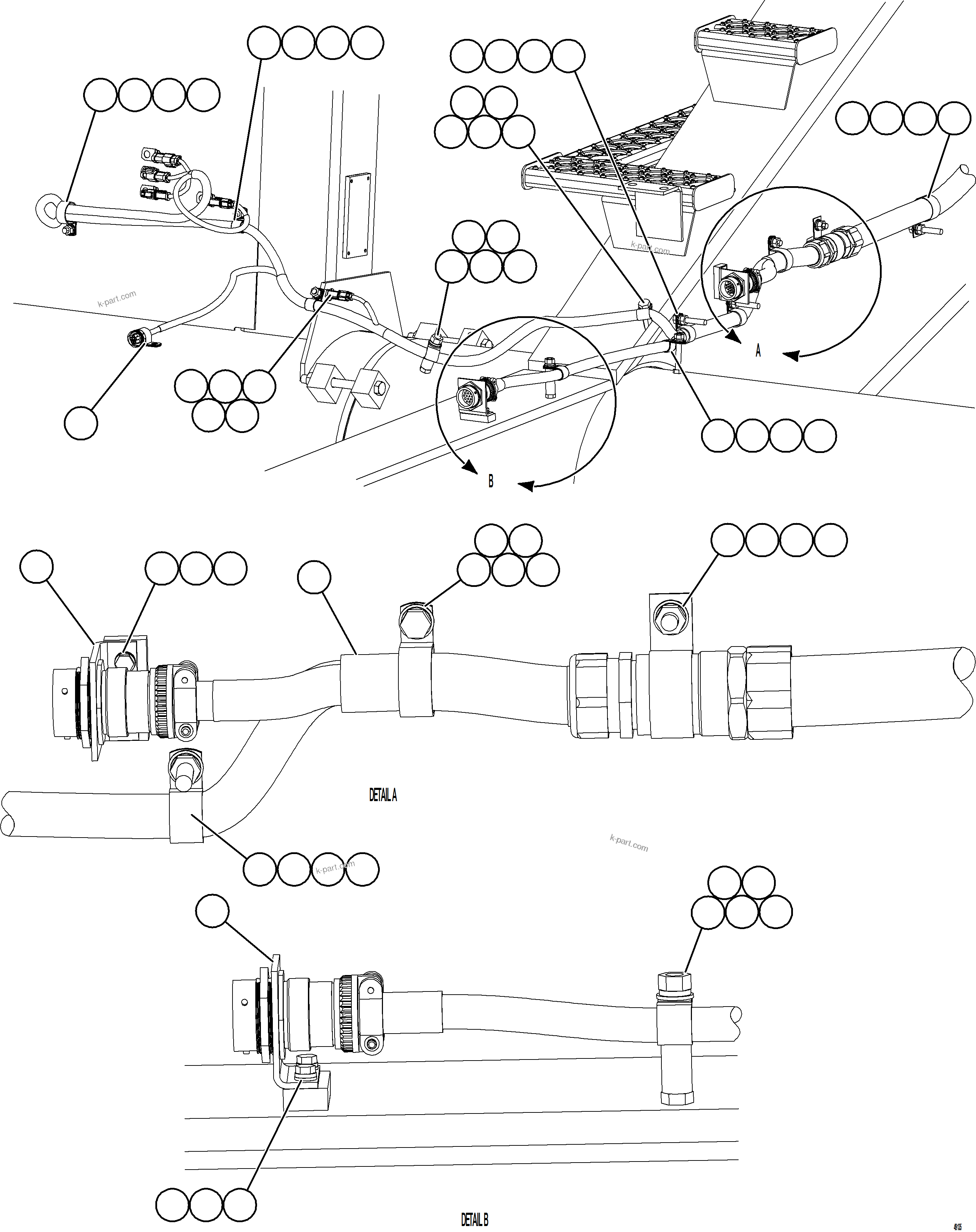 Komatsu parts book diagram for AFE57-KF 830E-1AC S/N A41142  MODERN MACHINERY: RH FRAME RAIL WIRING    1/2