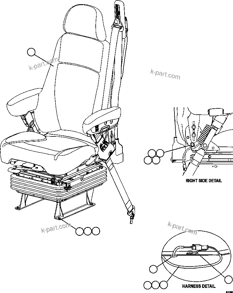 Komatsu parts book diagram for AFE59-FJ 930E-4 S/N A31661, A31664 - A31665, A31677 - A31679, A31698, A31700, A31704, A31718, A31720 & A31724  CASSERONES: OPERATOR SEAT INSTALLATION