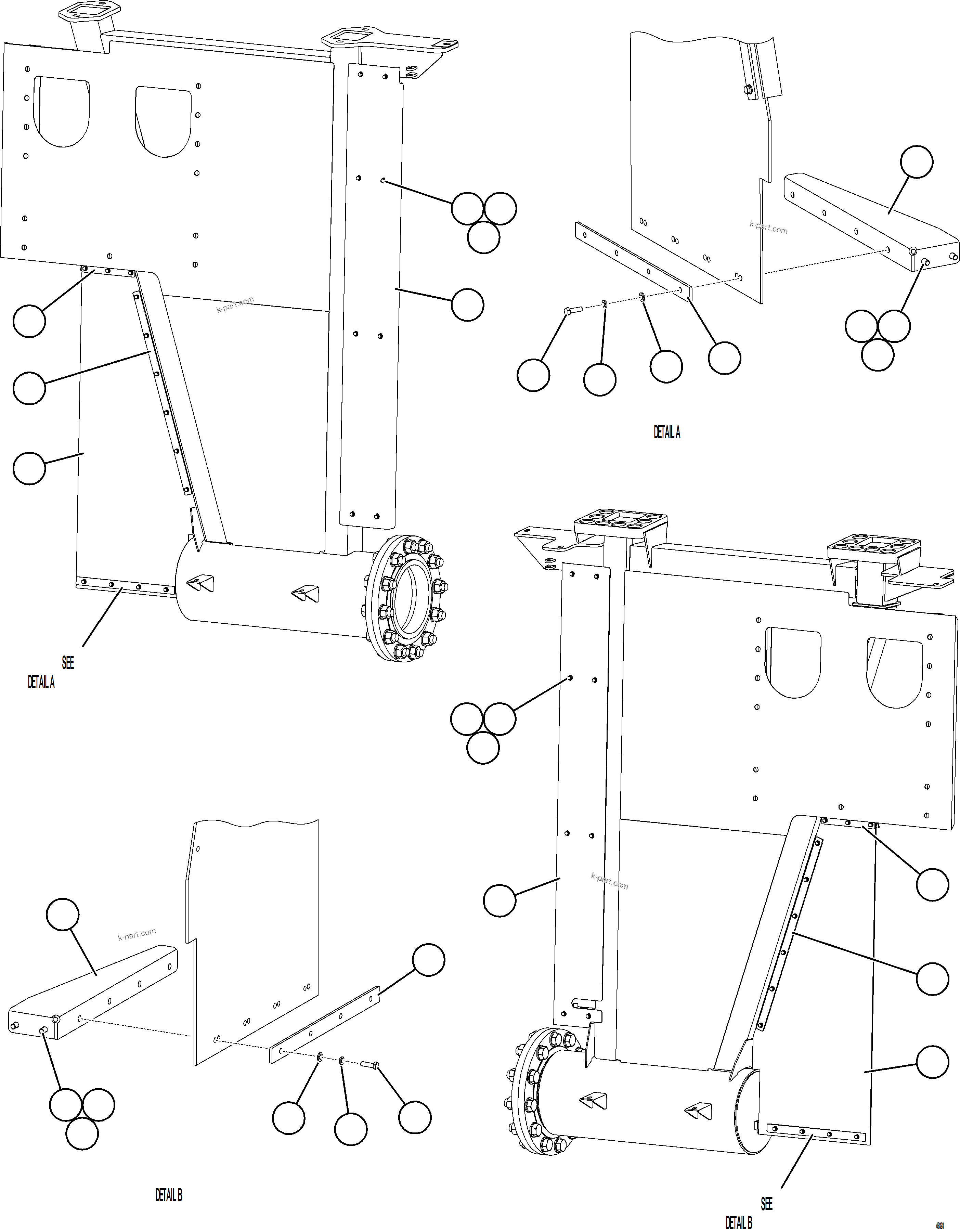 Komatsu parts book diagram for AFE69-Q 730E-8 S/N A40064, A40067  ASSMANG: FRONT PROTECTIVE COVERS & MUD FLAPS