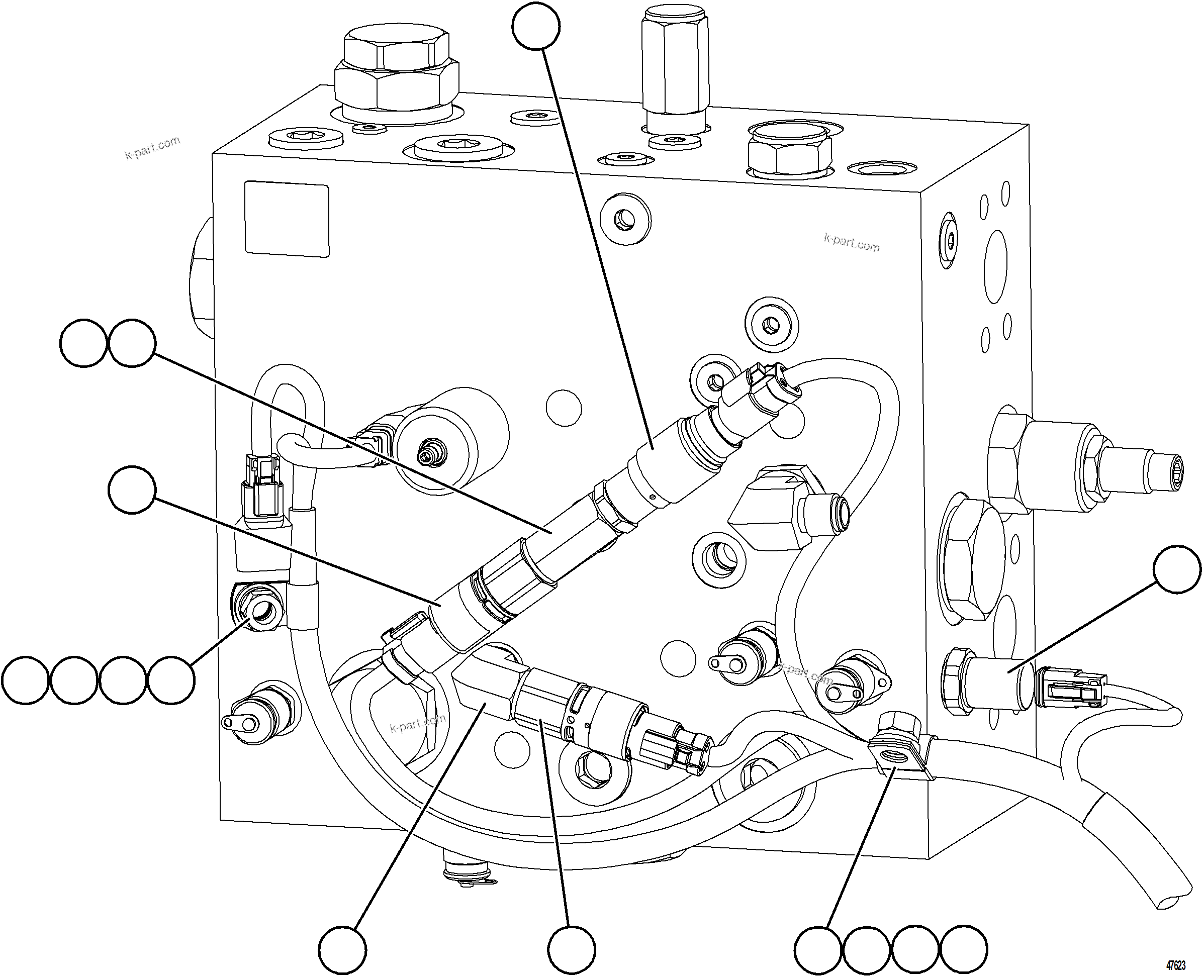 Komatsu parts book diagram for AFE69-Q 730E-8 S/N A40064, A40067  ASSMANG: BLEEDDOWN MANIFOLD WIRING