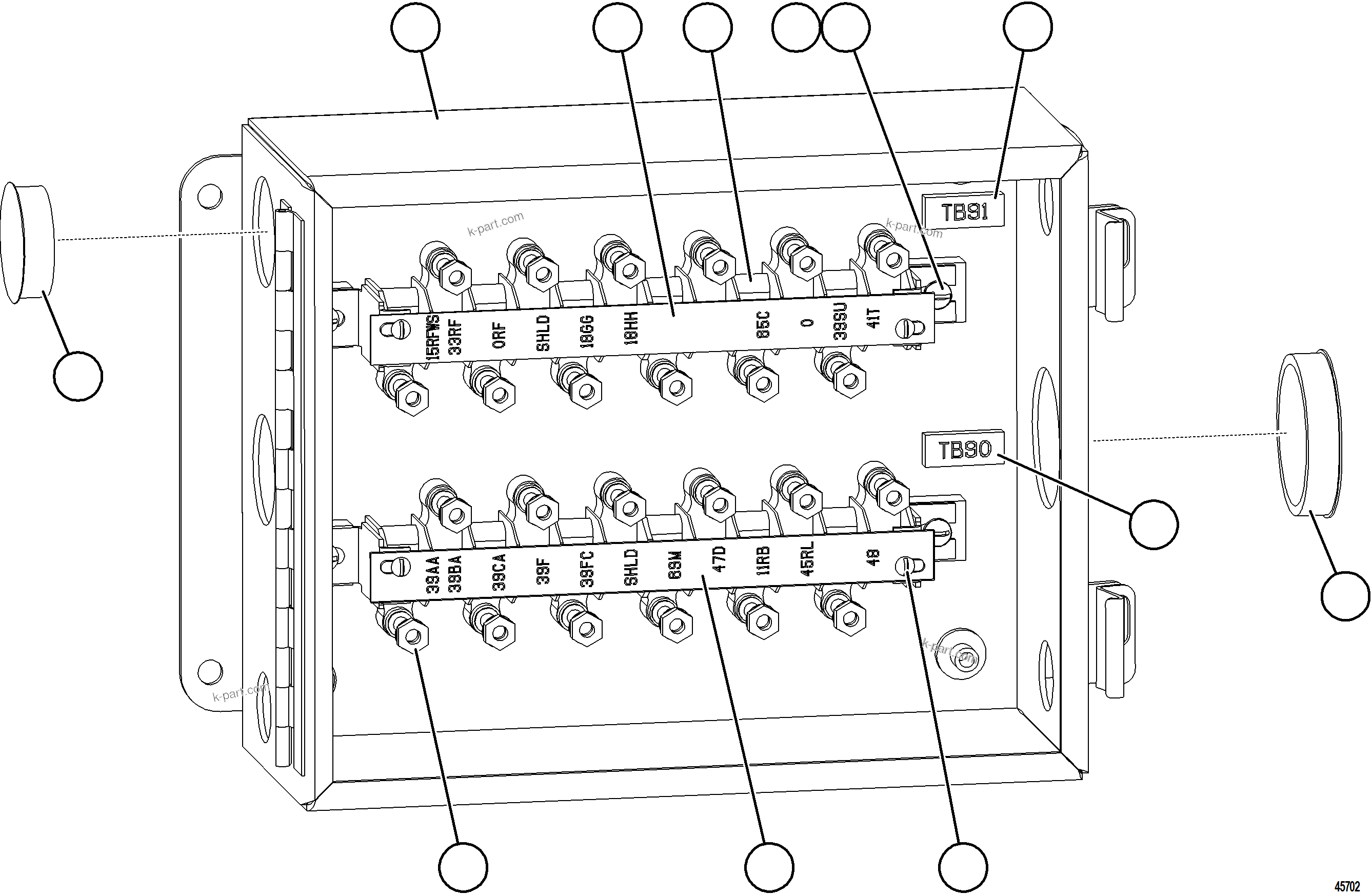 Komatsu parts book diagram for AFE69-Q 730E-8 S/N A40064, A40067  ASSMANG: JUNCTION BOX ASSEMBLY - RH    58D-06-80290