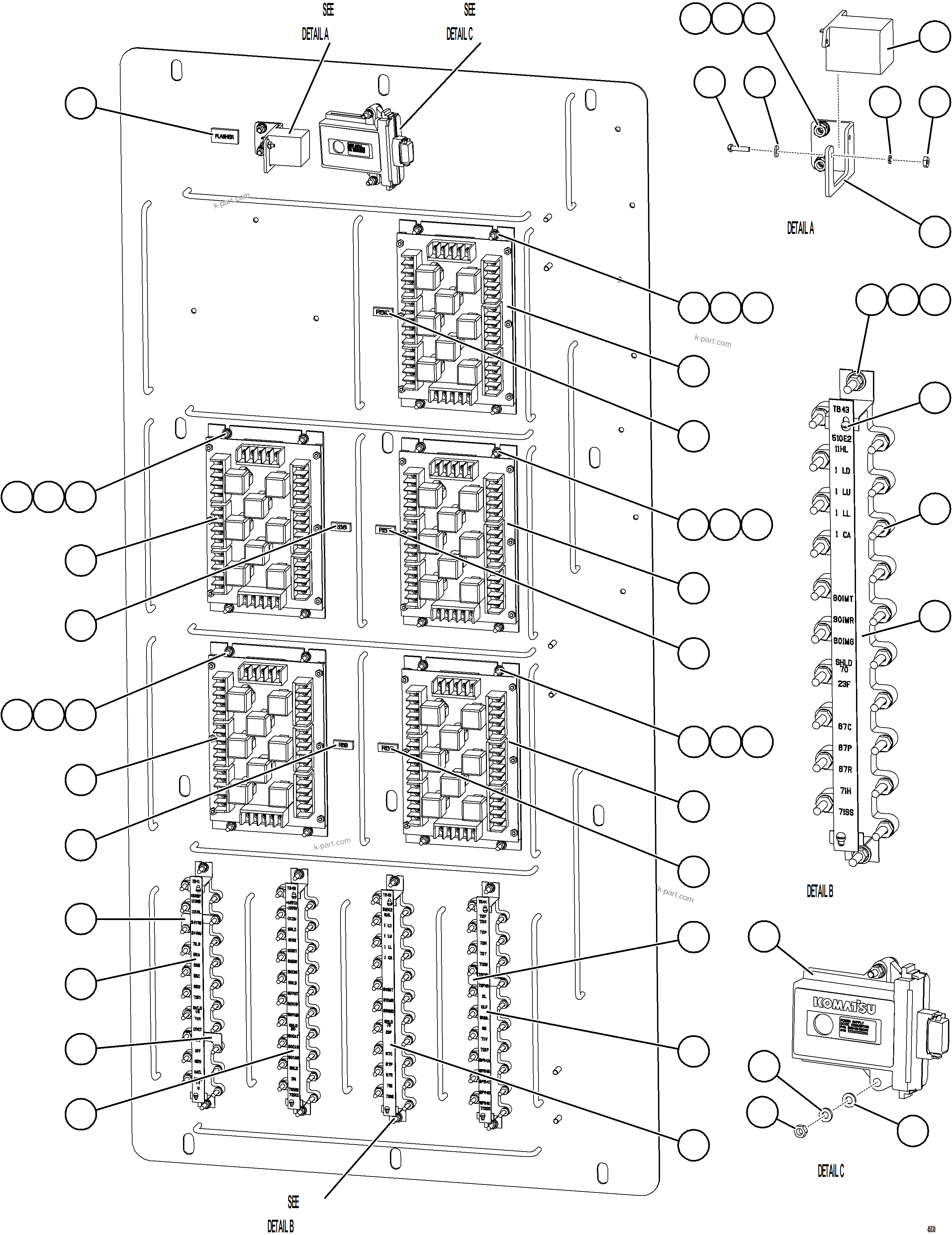 Komatsu parts book diagram for AFE69-Q 730E-8 S/N A40064, A40067  ASSMANG: AUXILIARY CONTROL CABINET - RH WALL
