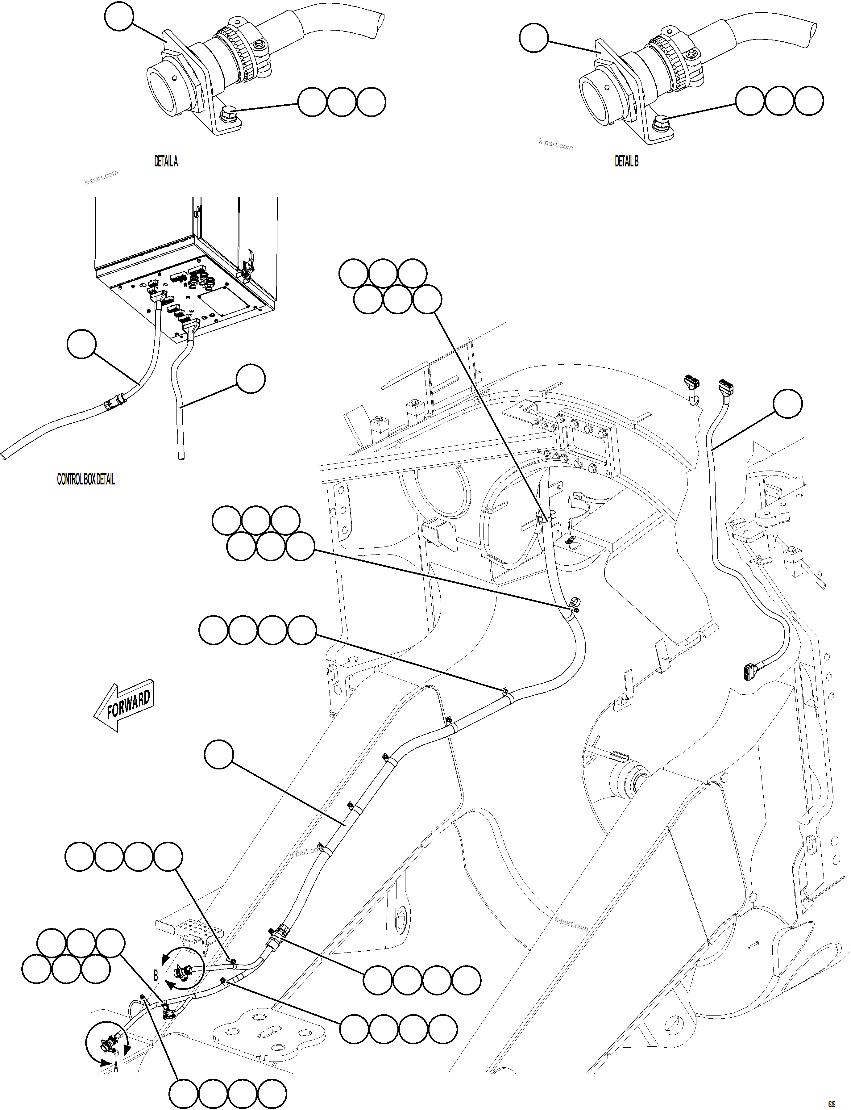 Komatsu parts book diagram for AFE75-AM 980E-5 S/N A50142 - A50143  SPENCE: RIGHT FRONT FRAME RAIL HARNESS