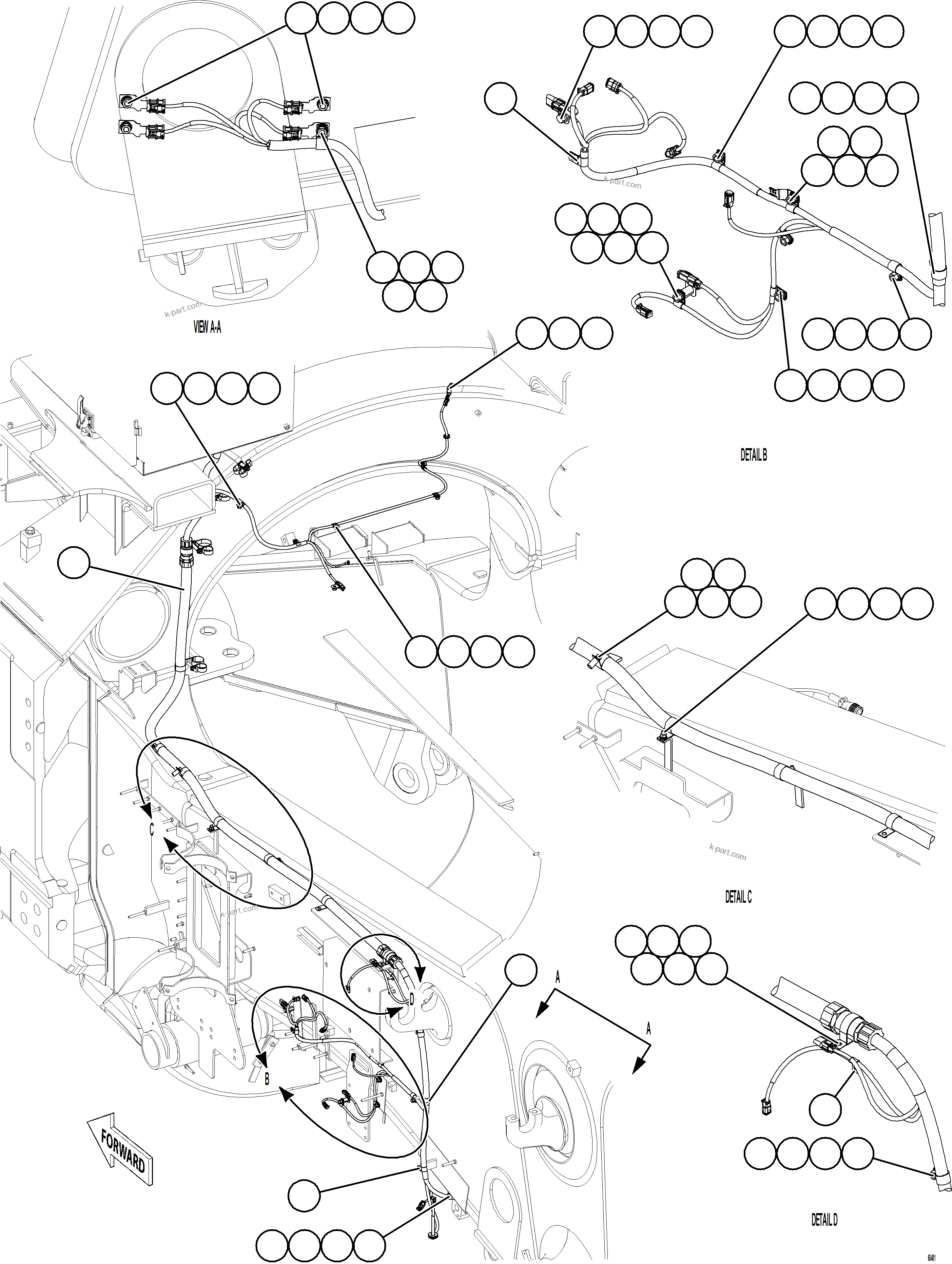 Komatsu parts book diagram for AFE75-AM 980E-5 S/N A50142 - A50143  SPENCE: LEFT REAR FRAME RAIL HARNESS