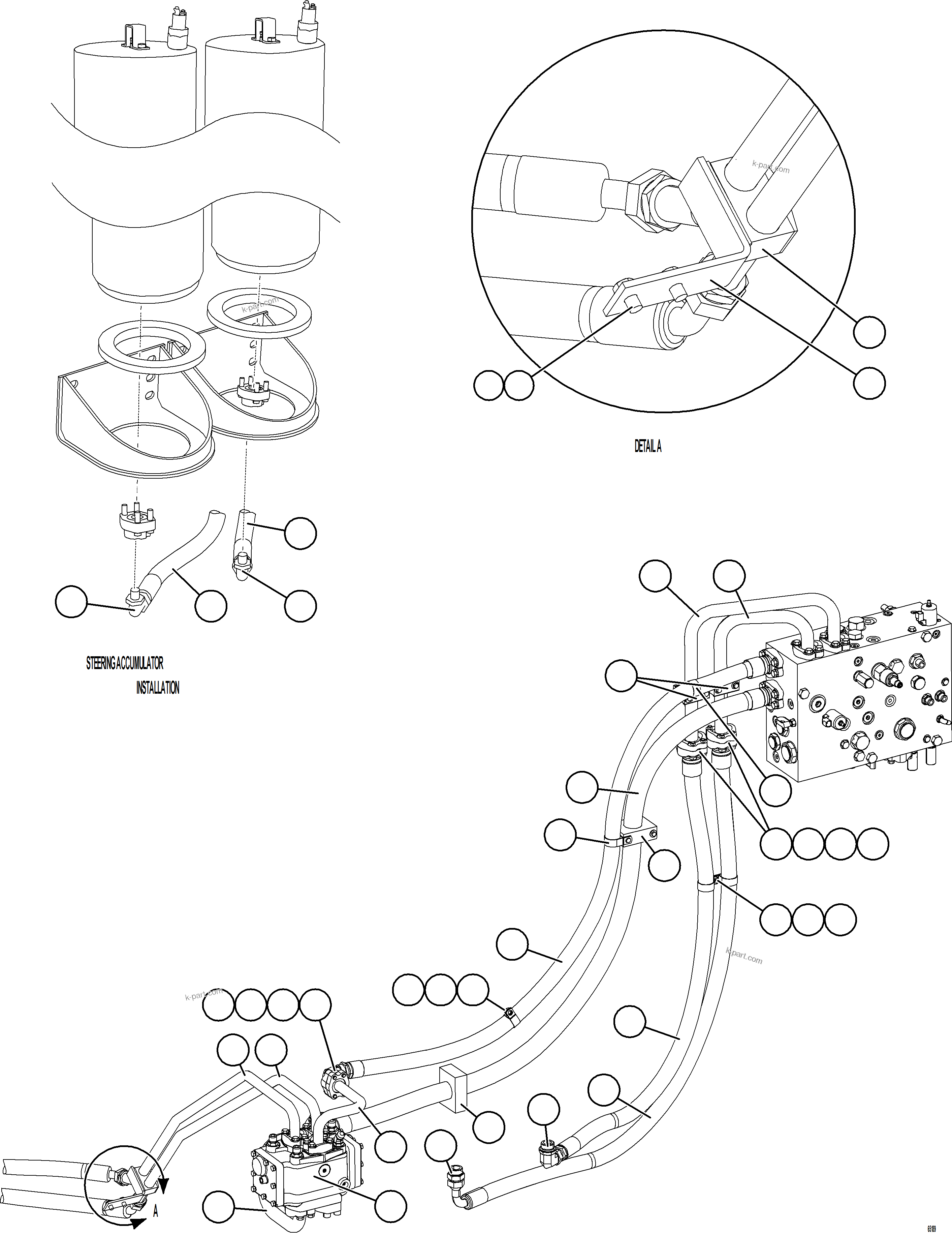 Komatsu parts book diagram for AFE75-AM 980E-5 S/N A50142 - A50143  SPENCE: STEERING BLEEDDOWN MANIFOLD PIPING    2/3