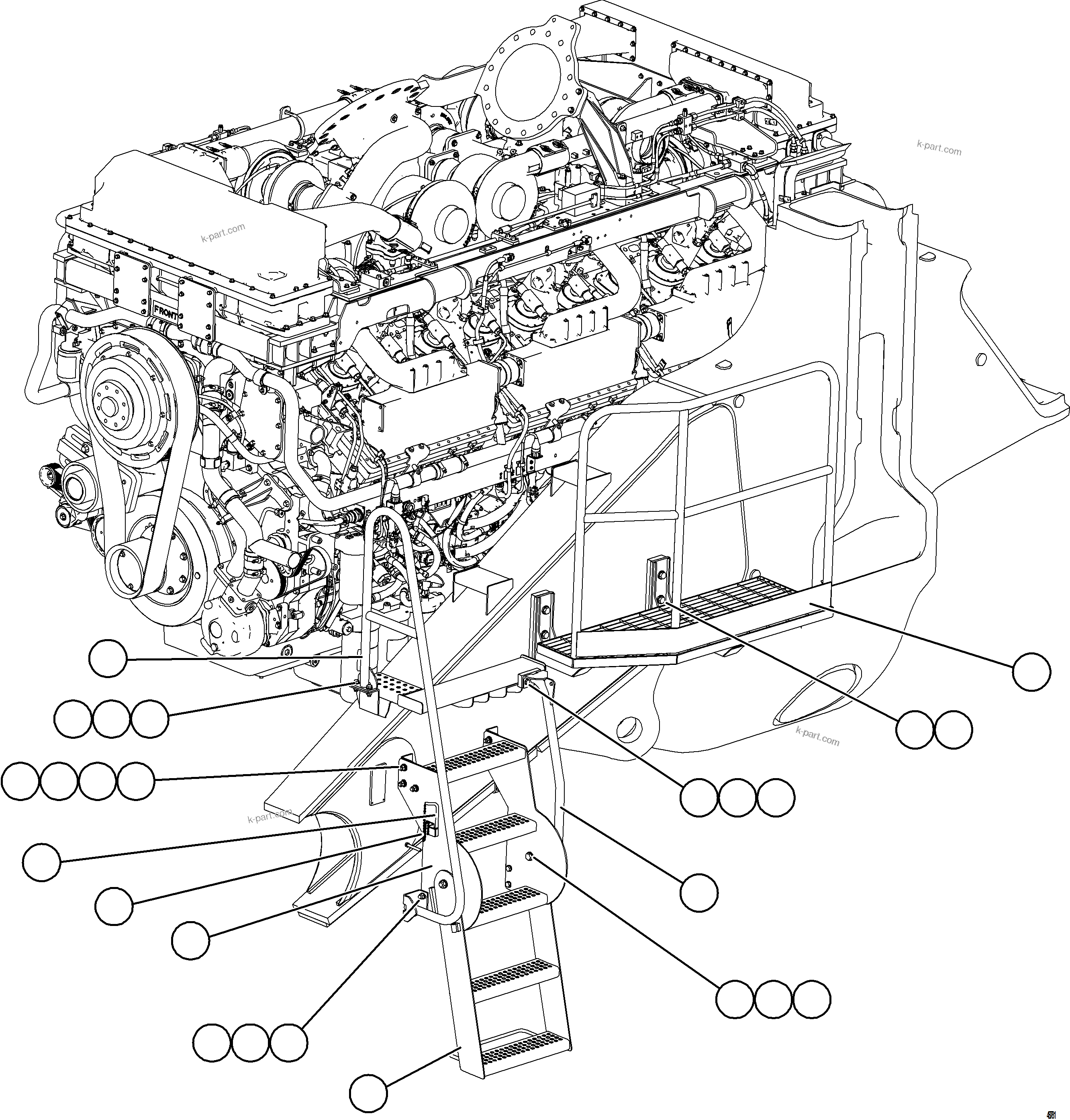 Komatsu parts book diagram for AFE75-AZ 980E-5 S/N A50184,A50189,A50197 - A50199,A50201 - A50202,A50205 - A50212,A50214 - A50220  SMS: LH ENGINE ACCESS LADDER & HANDRAILS