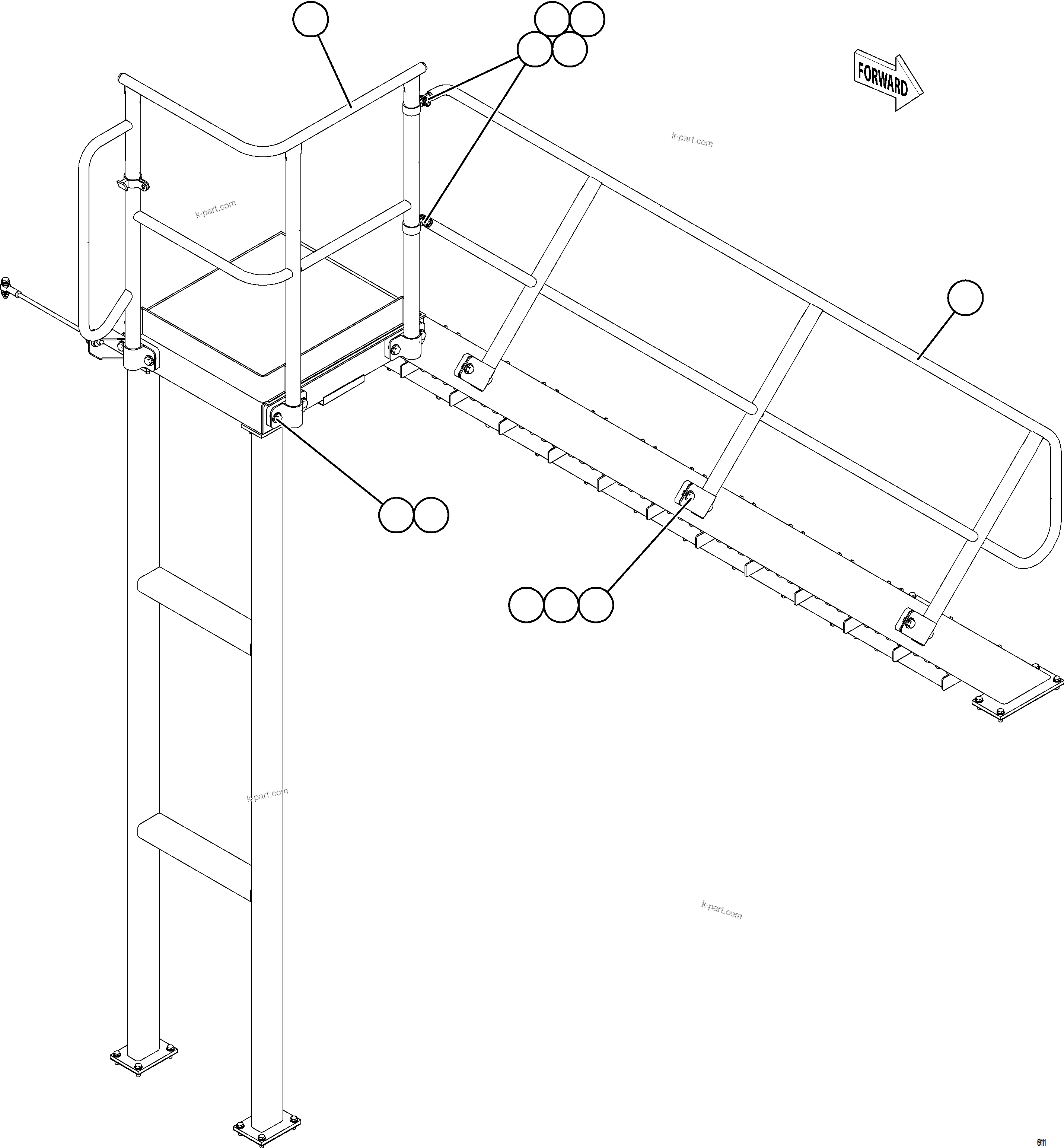 Komatsu parts book diagram for AFE75-AZ 980E-5 S/N A50184,A50189,A50197 - A50199,A50201 - A50202,A50205 - A50212,A50214 - A50220  SMS: DIAGONAL LADDER & UPPER PLATFORM HANDRAILS