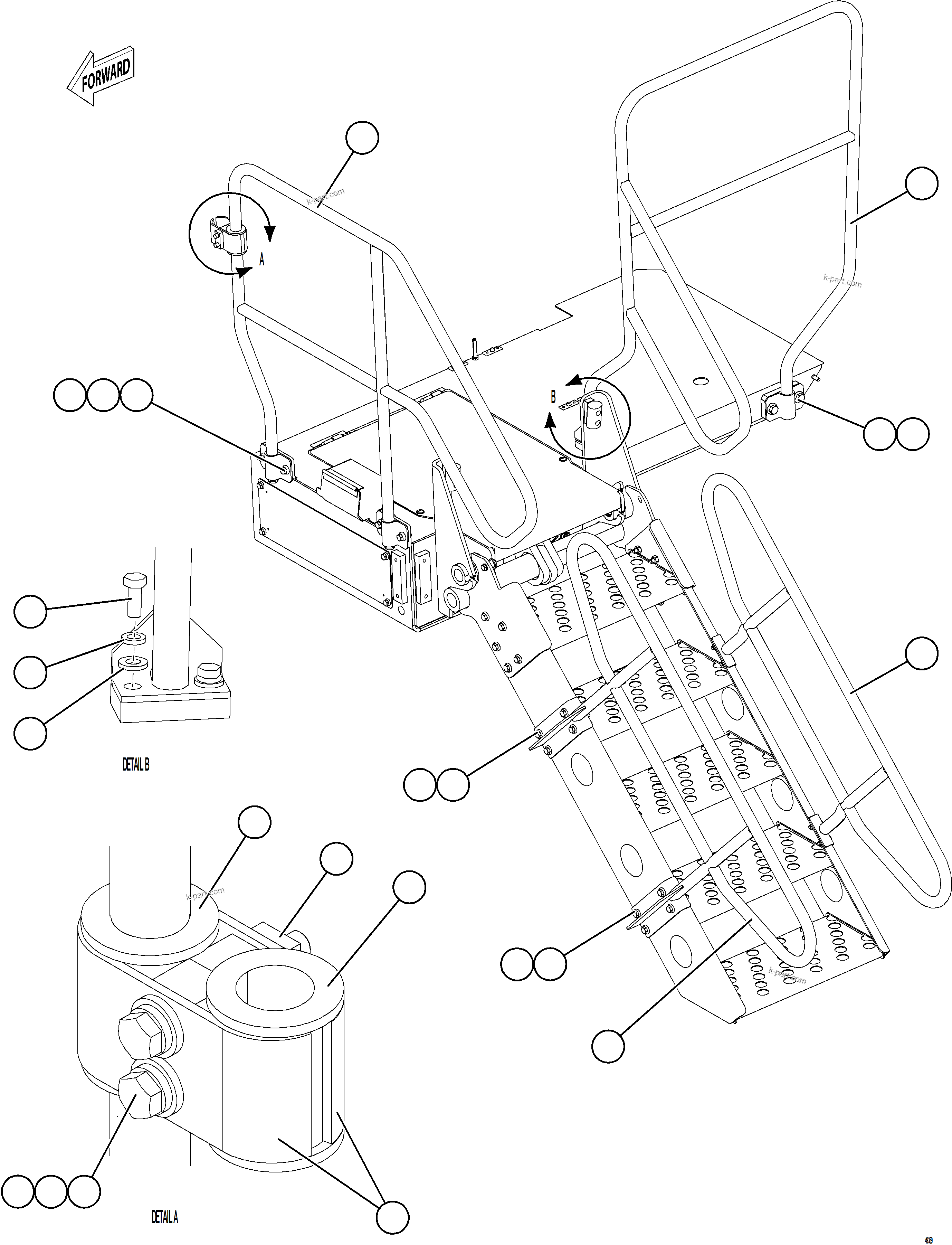 Komatsu parts book diagram for AFE75-AZ 980E-5 S/N A50184,A50189,A50197 - A50199,A50201 - A50202,A50205 - A50212,A50214 - A50220  SMS: LH LOWER PLATFORM HANDRAILS