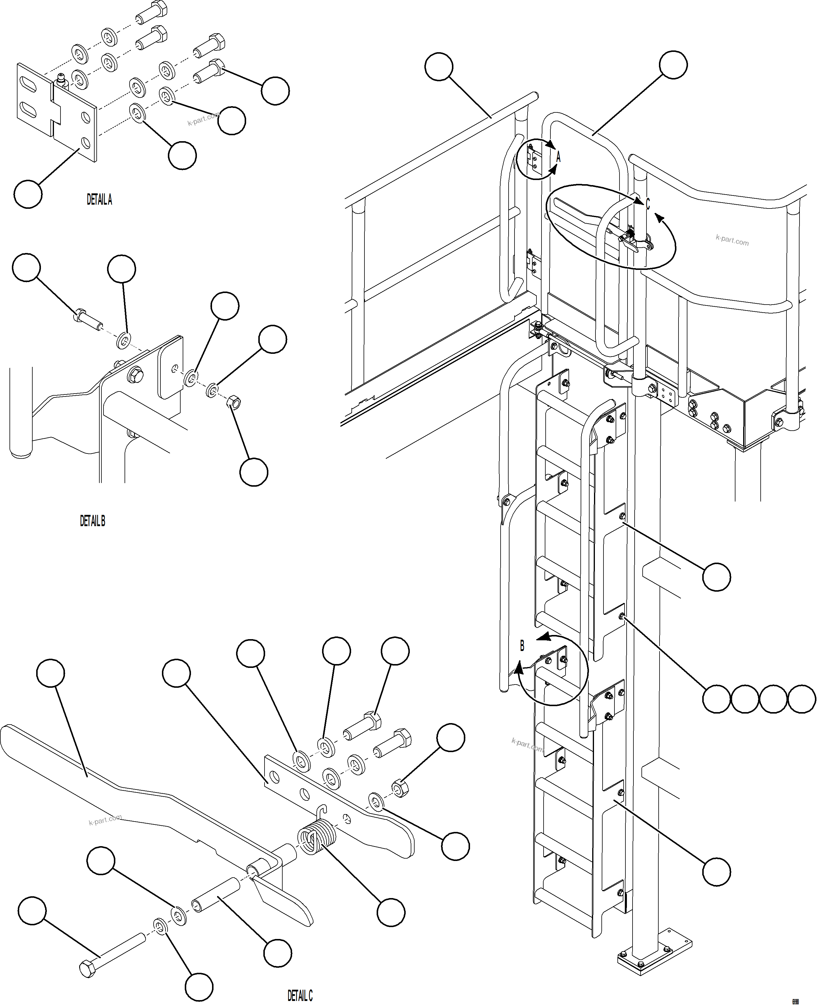 Komatsu parts book diagram for AFE75-AZ 980E-5 S/N A50184,A50189,A50197 - A50199,A50201 - A50202,A50205 - A50212,A50214 - A50220  SMS: RH EMERGENCY GATE & LADDER
