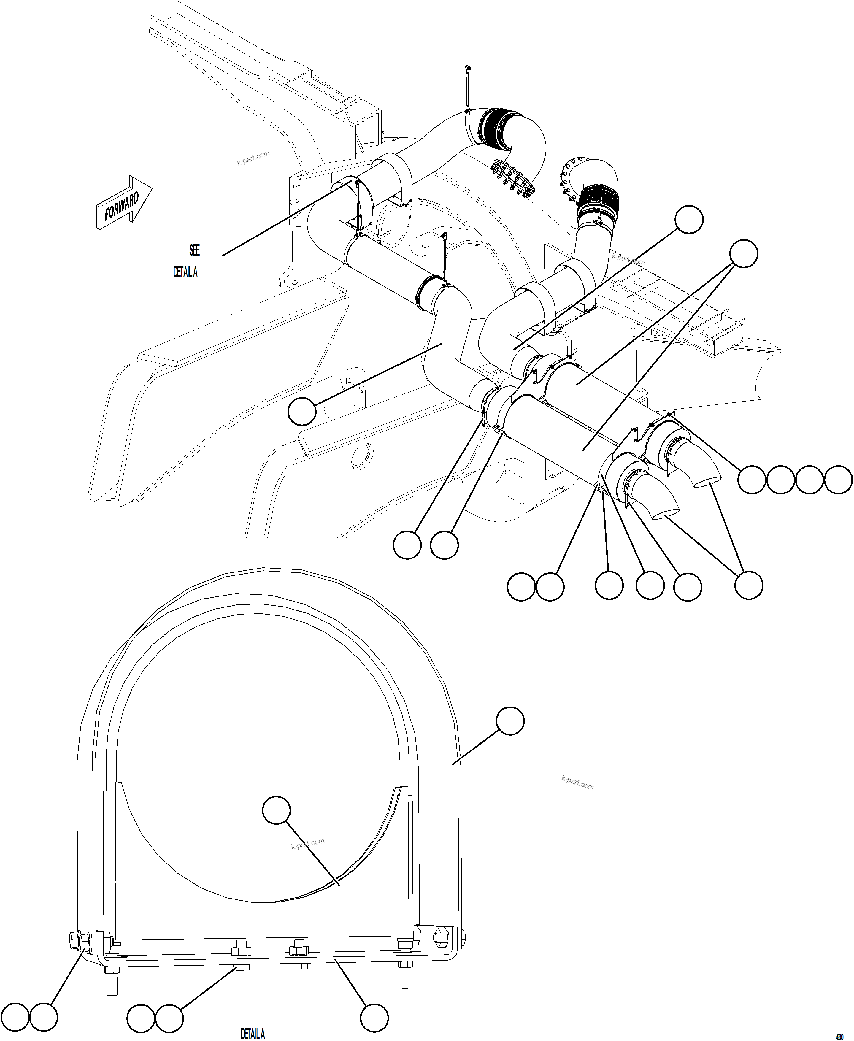 Komatsu parts book diagram for AFE75-BA 980E-5 S/N A50186 - A50187,A50192 - A50194  KMEX: EXHAUST PIPING - REAR