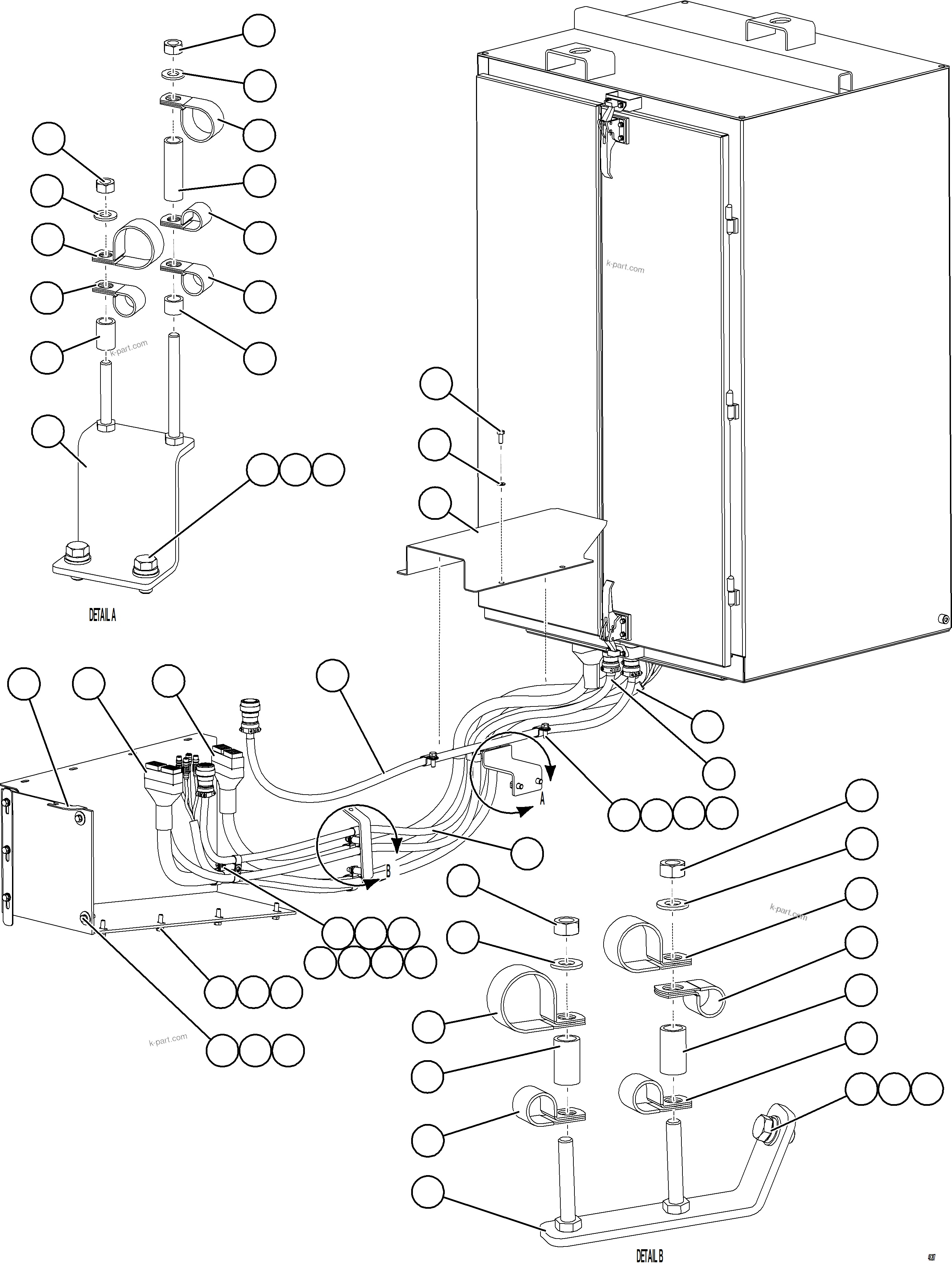 Komatsu parts book diagram for AFE75-BA 980E-5 S/N A50186 - A50187,A50192 - A50194  KMEX: AUX CTRL CABINET CABLE & HARNESS CONNECTIONS
