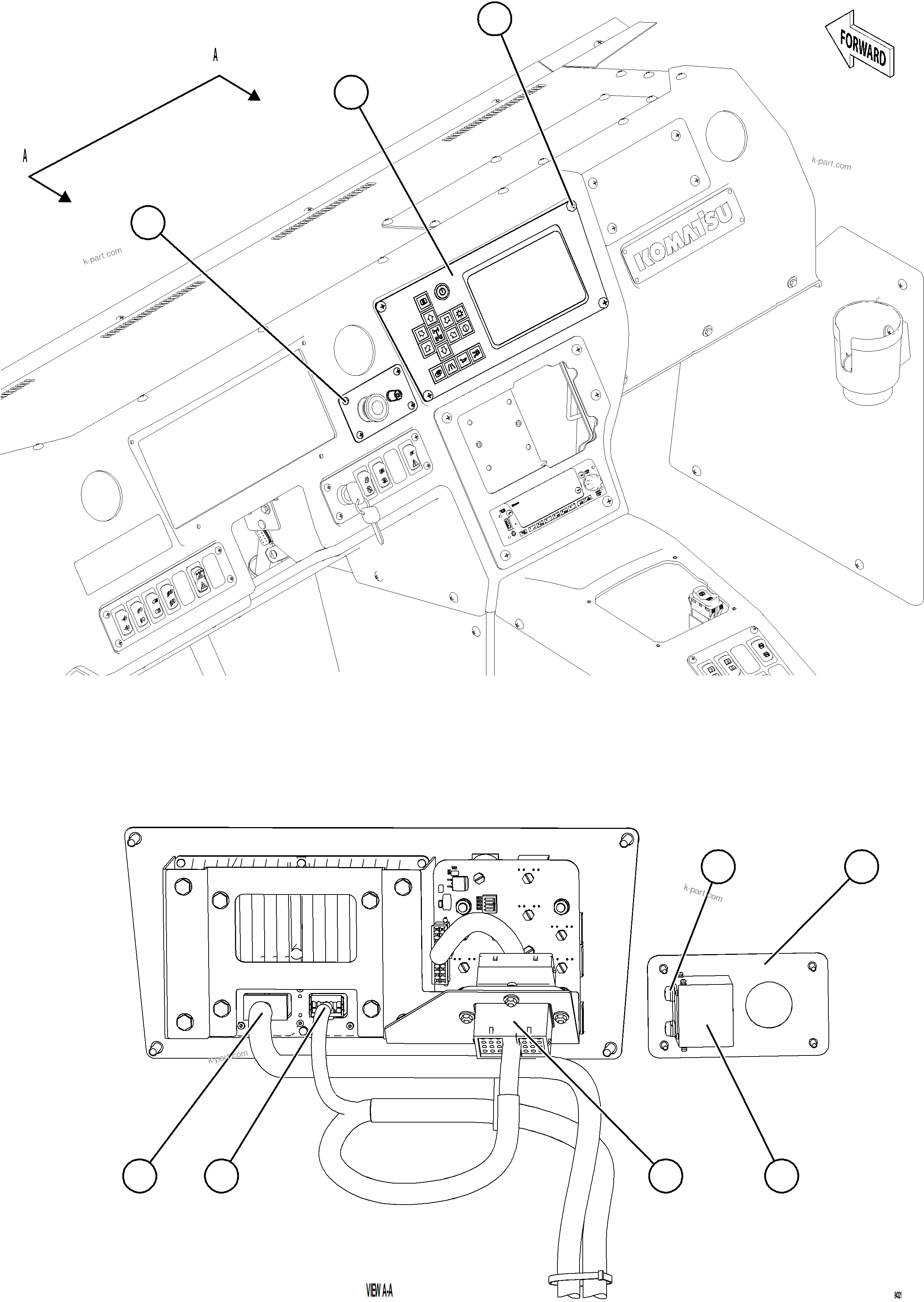 Komatsu parts book diagram for AFE75-BA 980E-5 S/N A50186 - A50187,A50192 - A50194  KMEX: KOMVISION DASH MODULE INSTALLATION