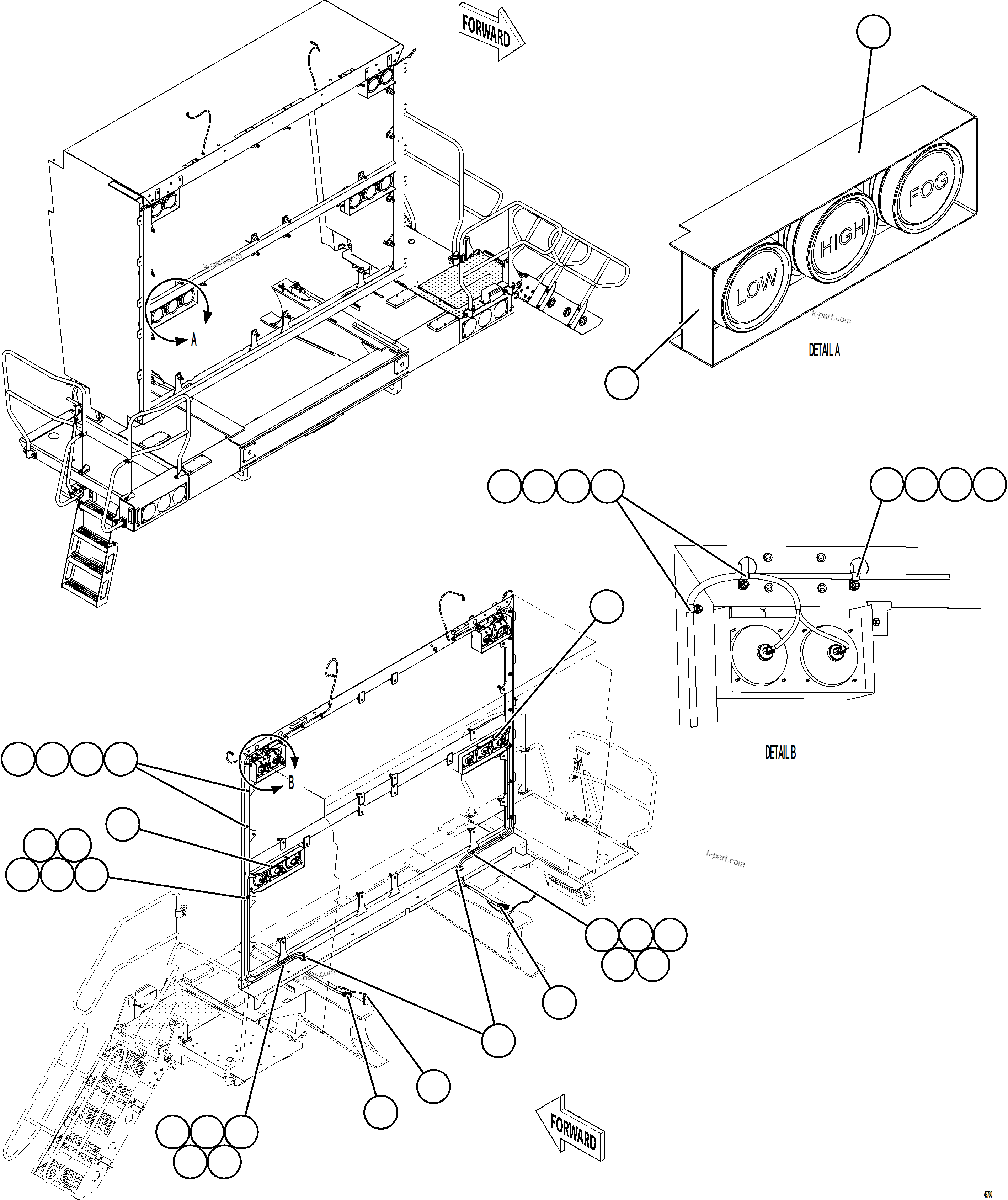 Komatsu parts book diagram for AFE75-BC 980E-5 S/N A50221  KCH: HEADLIGHT WIRING HARNESS