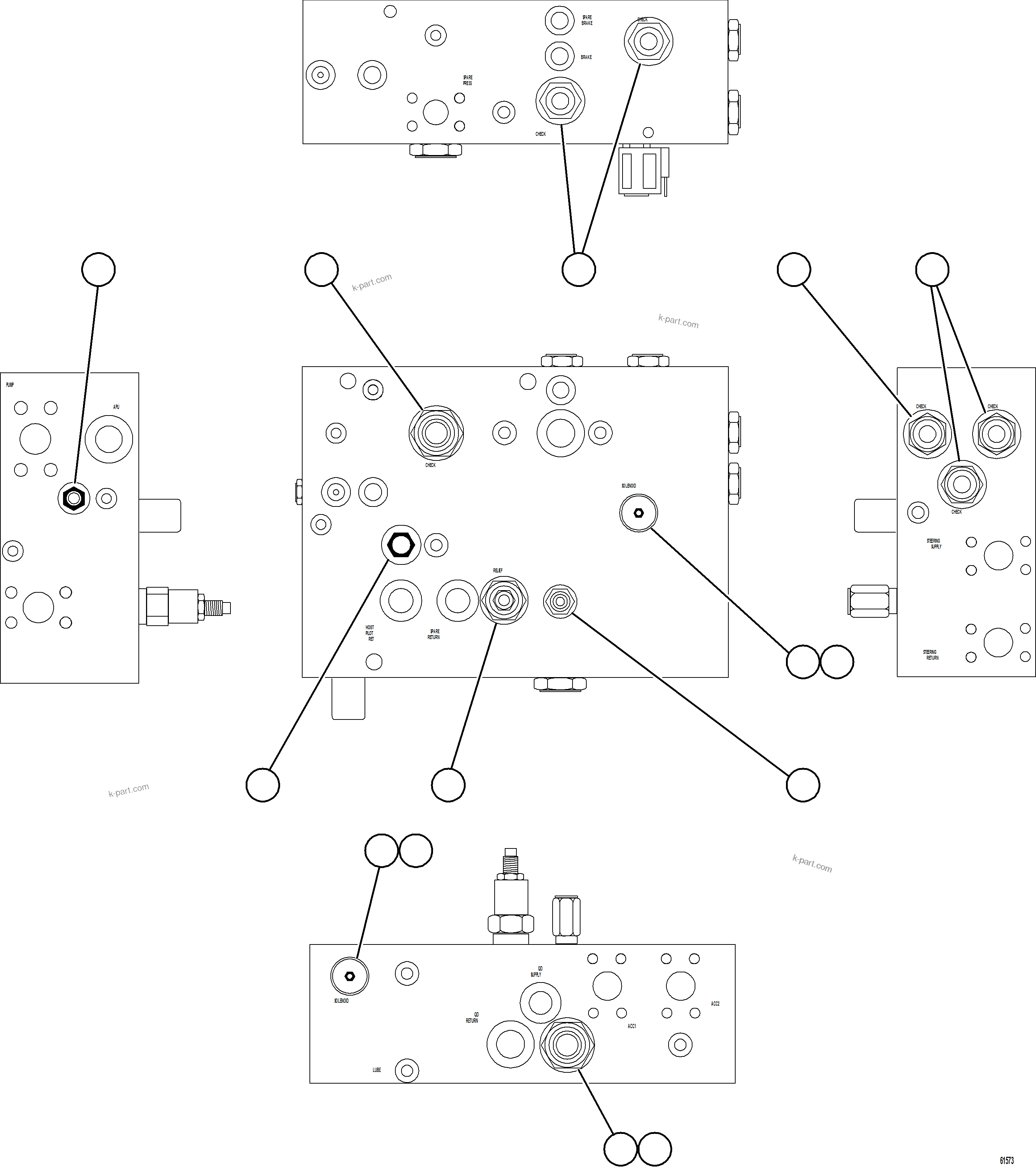 Komatsu parts book diagram for AFE75-BC 980E-5 S/N A50221  KCH: STEERING BLEEDDOWN MANIFOLD