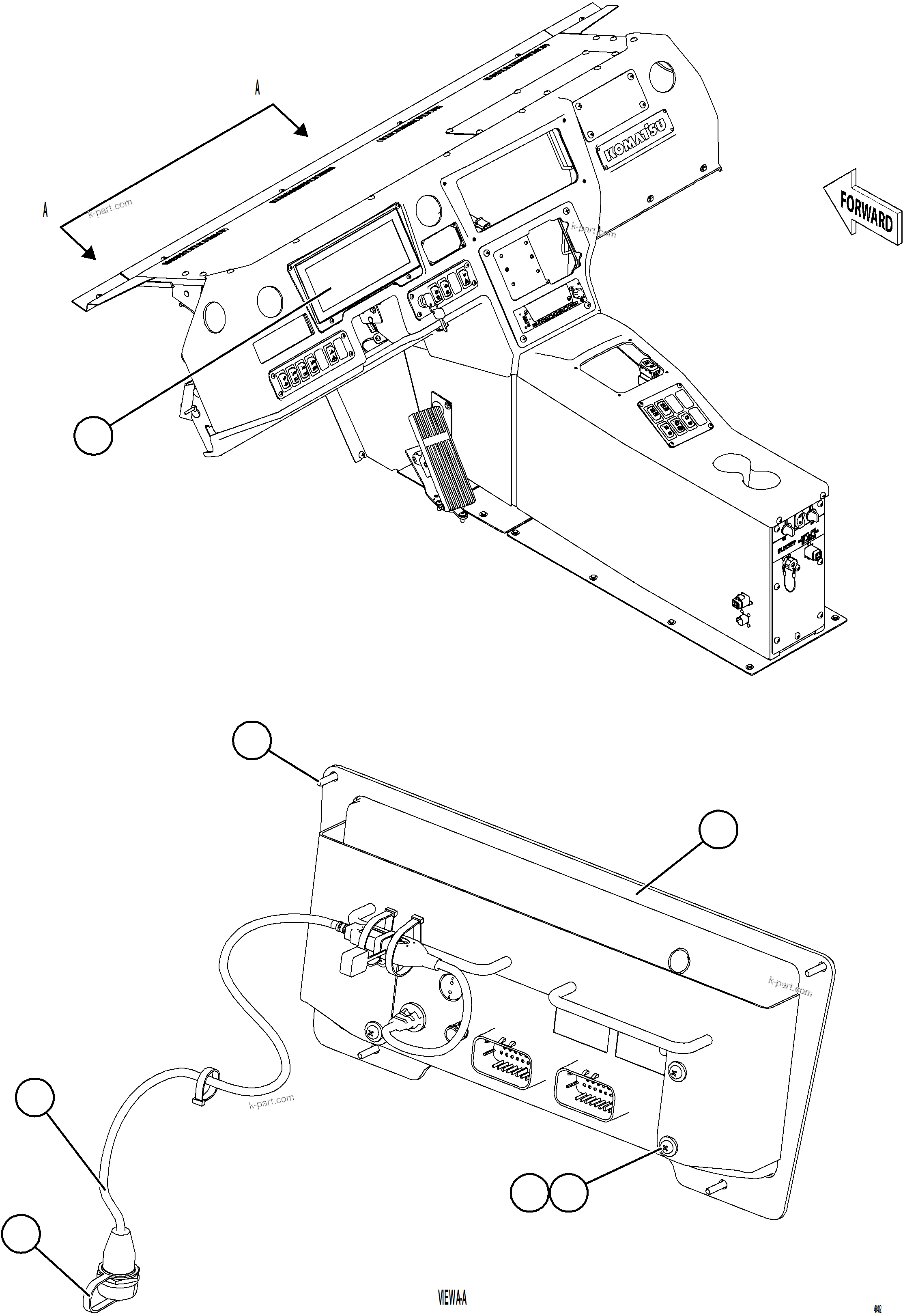 Komatsu parts book diagram for AFE75-BC 980E-5 S/N A50221  KCH: GAUGE PANEL INSTALLATION