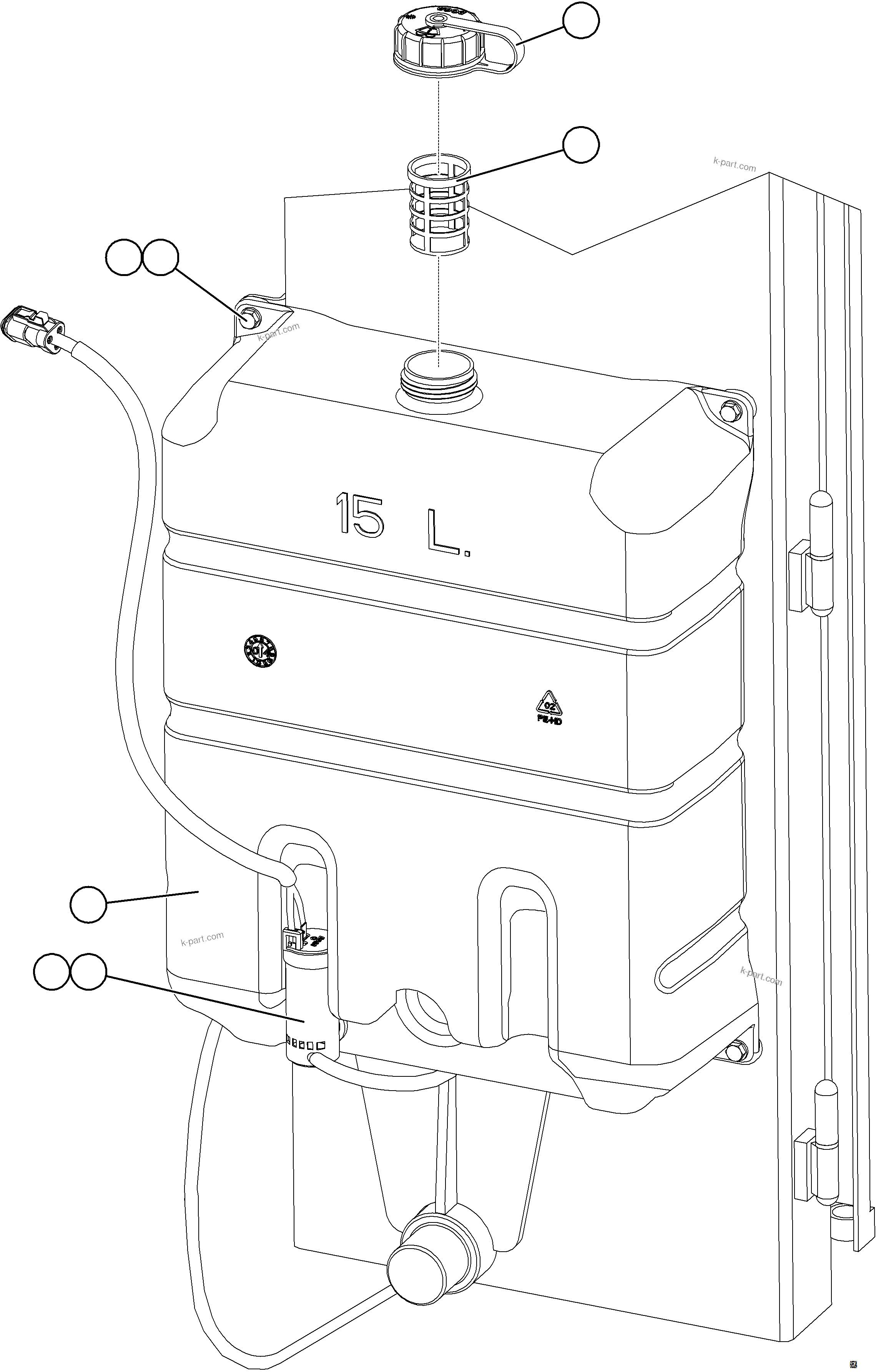 Komatsu parts book diagram for AFE75-BC 980E-5 S/N A50221  KCH: WINDSHIELD WASHER RESERVOIR INSTALLATION    1/2