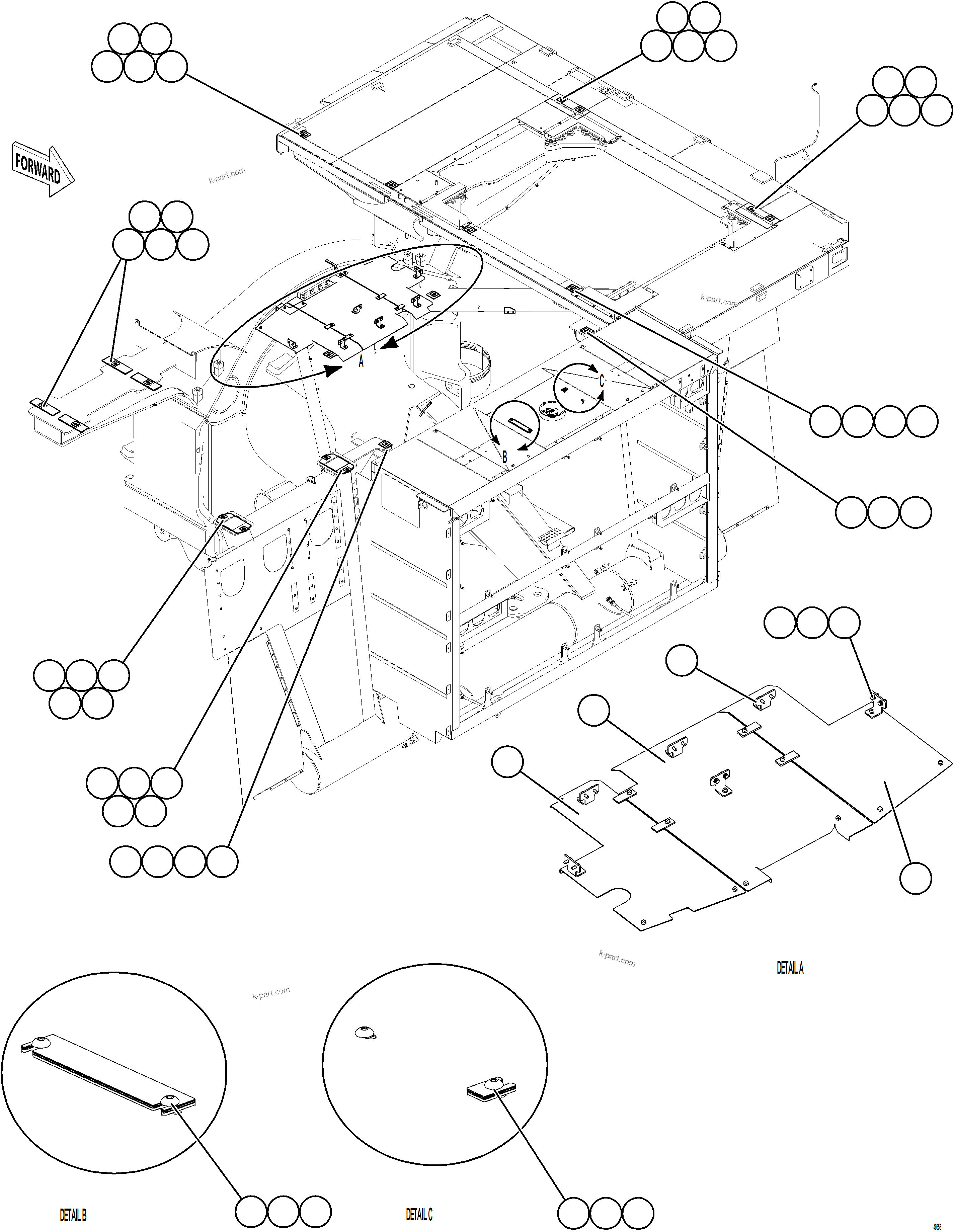 Komatsu parts book diagram for AFE75-BC 980E-5 S/N A50221  KCH: CENTER DECK HEAT SHIELDS