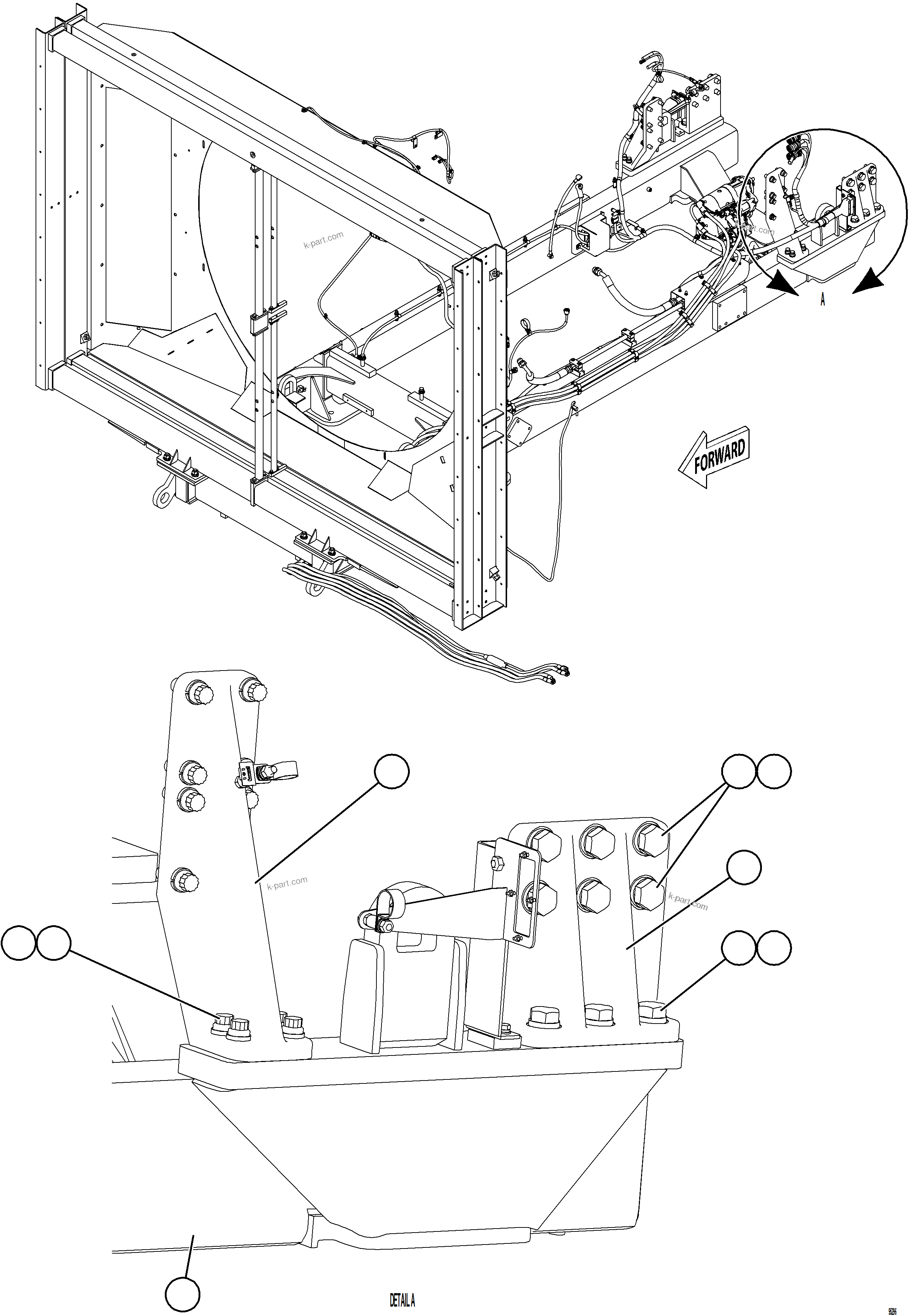 Komatsu parts book diagram for AFE75-BK 980E-5 S/N A50255 - A50256,A50257,A50260 - A50269,A50271 - A50273  KNA: ENGINE CRADLE INSTALLATION