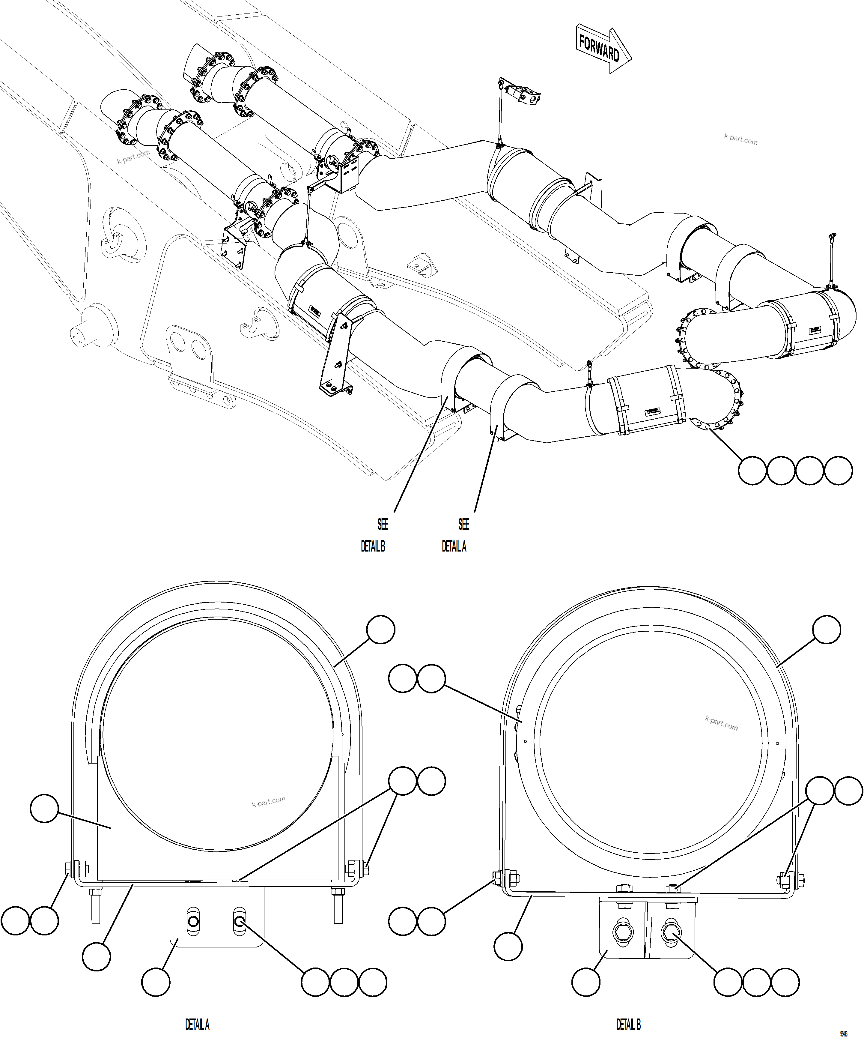 Komatsu parts book diagram for AFE75-BK 980E-5 S/N A50255 - A50256,A50257,A50260 - A50269,A50271 - A50273  KNA: EXHAUST PIPING - FRONT    2/2