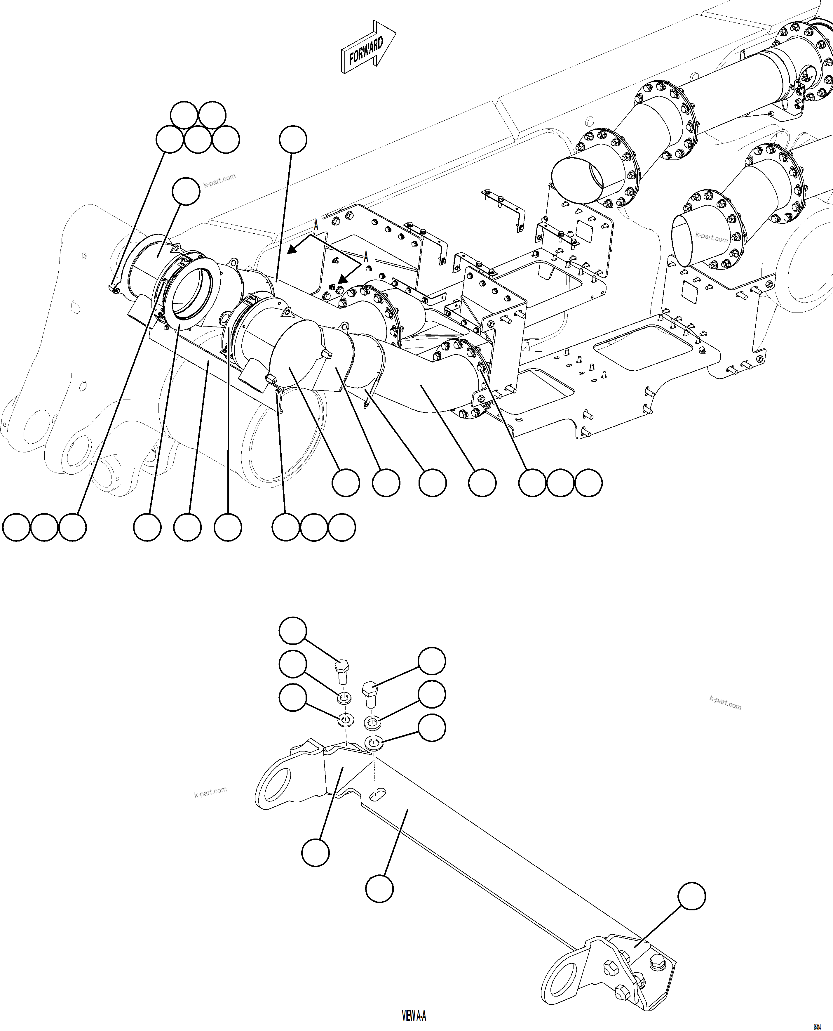 Komatsu parts book diagram for AFE75-BK 980E-5 S/N A50255 - A50256,A50257,A50260 - A50269,A50271 - A50273  KNA: EXHAUST PIPING - REAR    1/2
