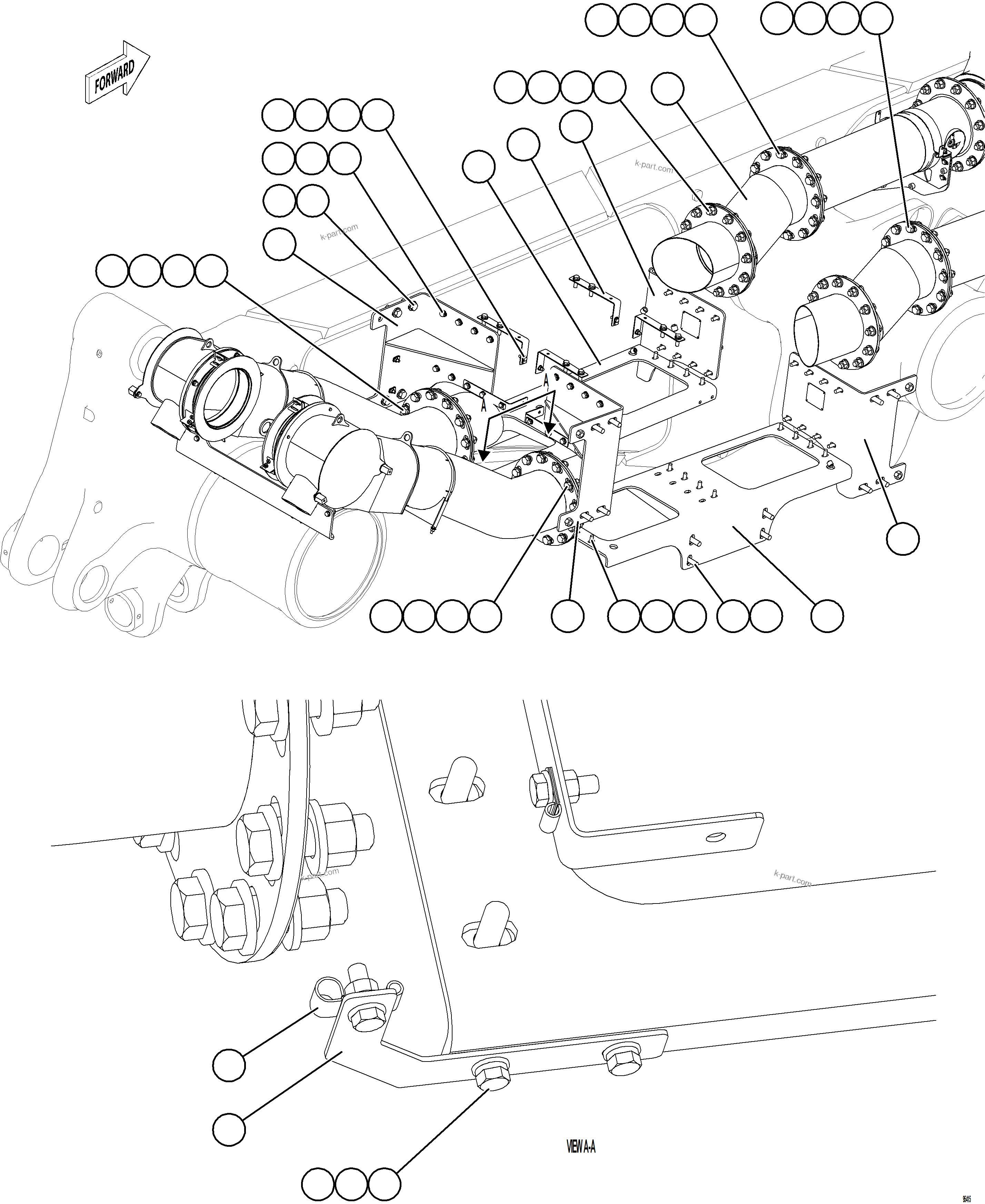 Komatsu parts book diagram for AFE75-BK 980E-5 S/N A50255 - A50256,A50257,A50260 - A50269,A50271 - A50273  KNA: EXHAUST PIPING - REAR    2/2