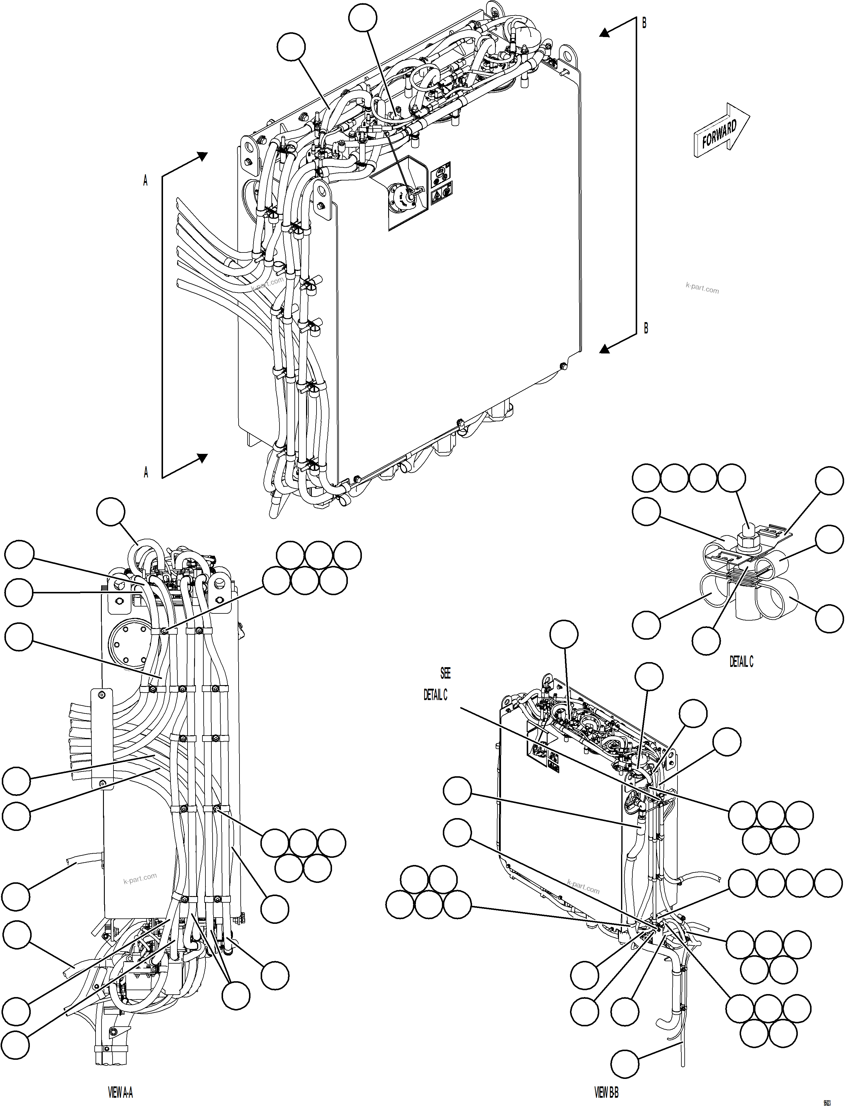 Komatsu parts book diagram for AFE75-BK 980E-5 S/N A50255 - A50256,A50257,A50260 - A50269,A50271 - A50273  KNA: DEF TANK HOSE CONNECTIONS - SIDES