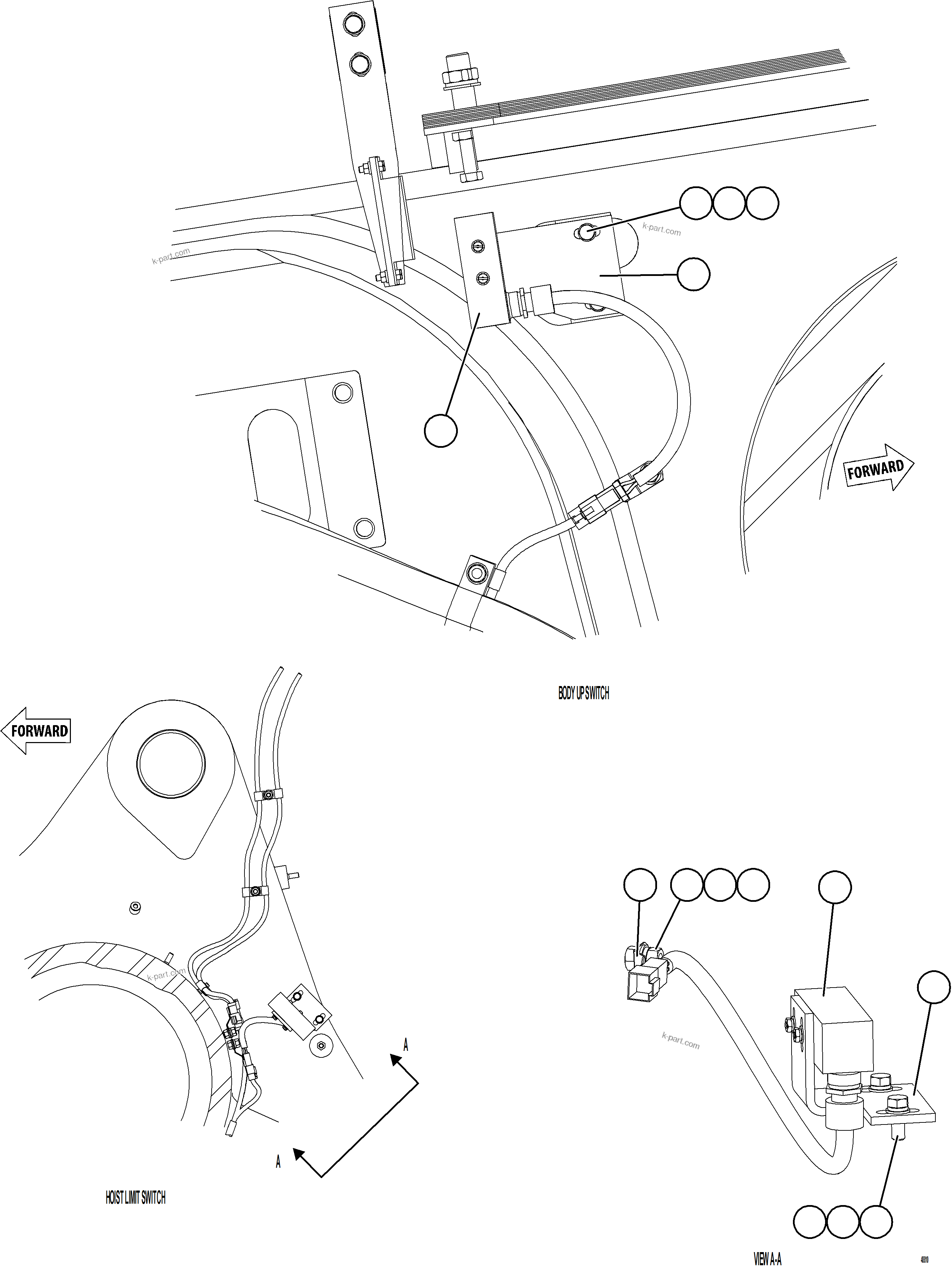 Komatsu parts book diagram for AFE75-BK 980E-5 S/N A50255 - A50256,A50257,A50260 - A50269,A50271 - A50273  KNA: BODY UP & HOIST LIMIT SWITCH INSTALLATION    1/2