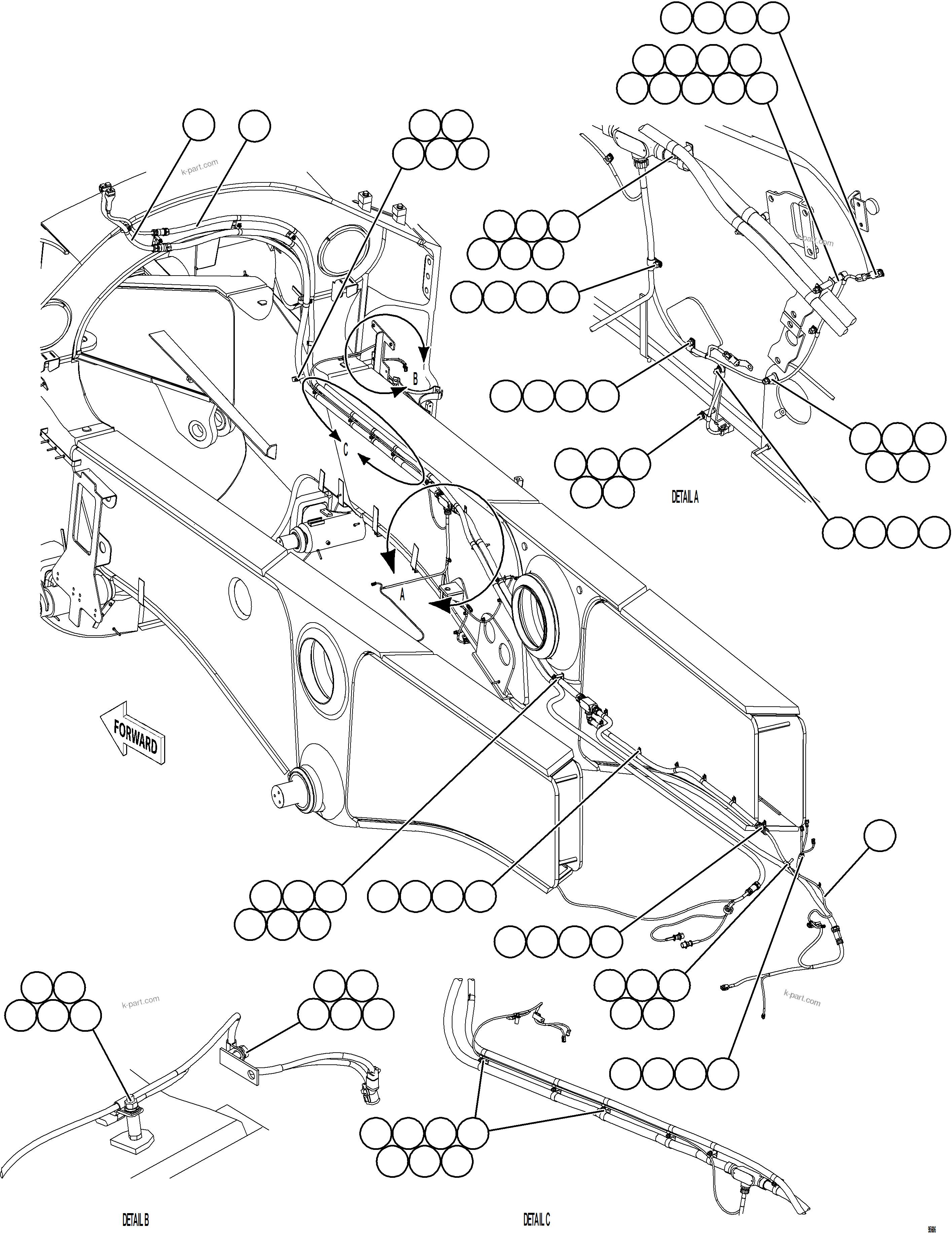Komatsu parts book diagram for AFE75-BK 980E-5 S/N A50255 - A50256,A50257,A50260 - A50269,A50271 - A50273  KNA: RIGHT REAR FRAME RAIL HARNESS