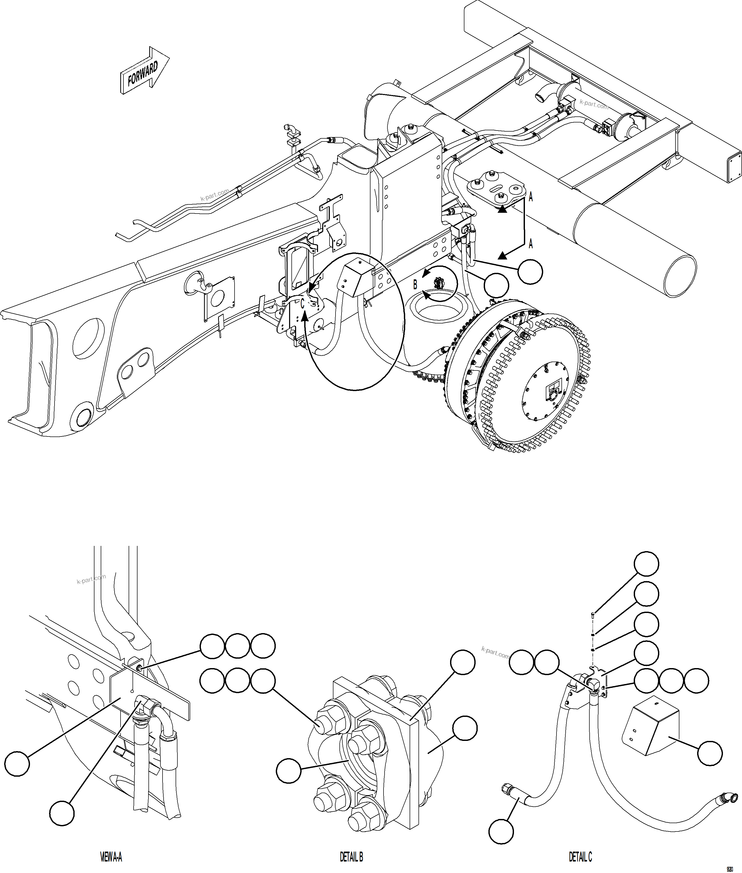 Komatsu parts book diagram for AFE75-BK 980E-5 S/N A50255 - A50256,A50257,A50260 - A50269,A50271 - A50273  KNA: BRAKE COOLING PIPING - RIGHT FRONT    2/2