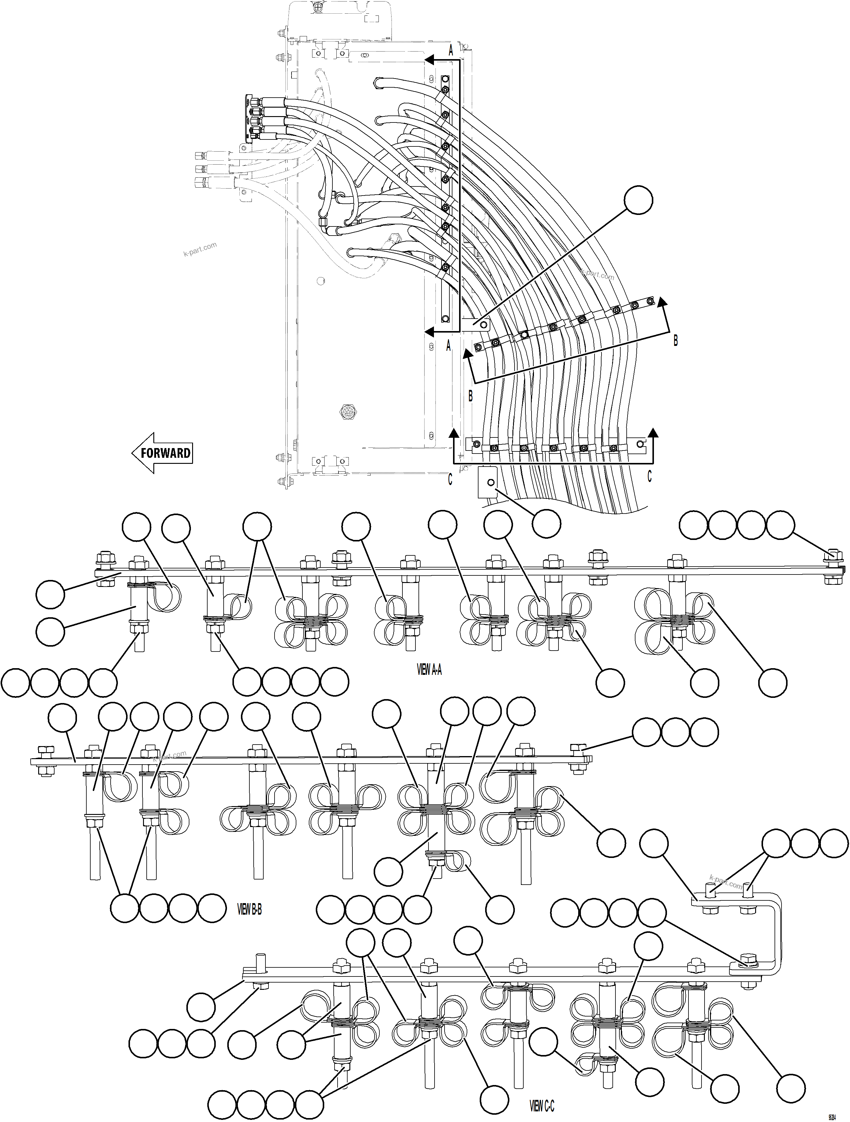Komatsu parts book diagram for AFE75-BK 980E-5 S/N A50255 - A50256,A50257,A50260 - A50269,A50271 - A50273  KNA: HYDRAULIC BRAKE CABINET HOSE CLAMPING    1/3