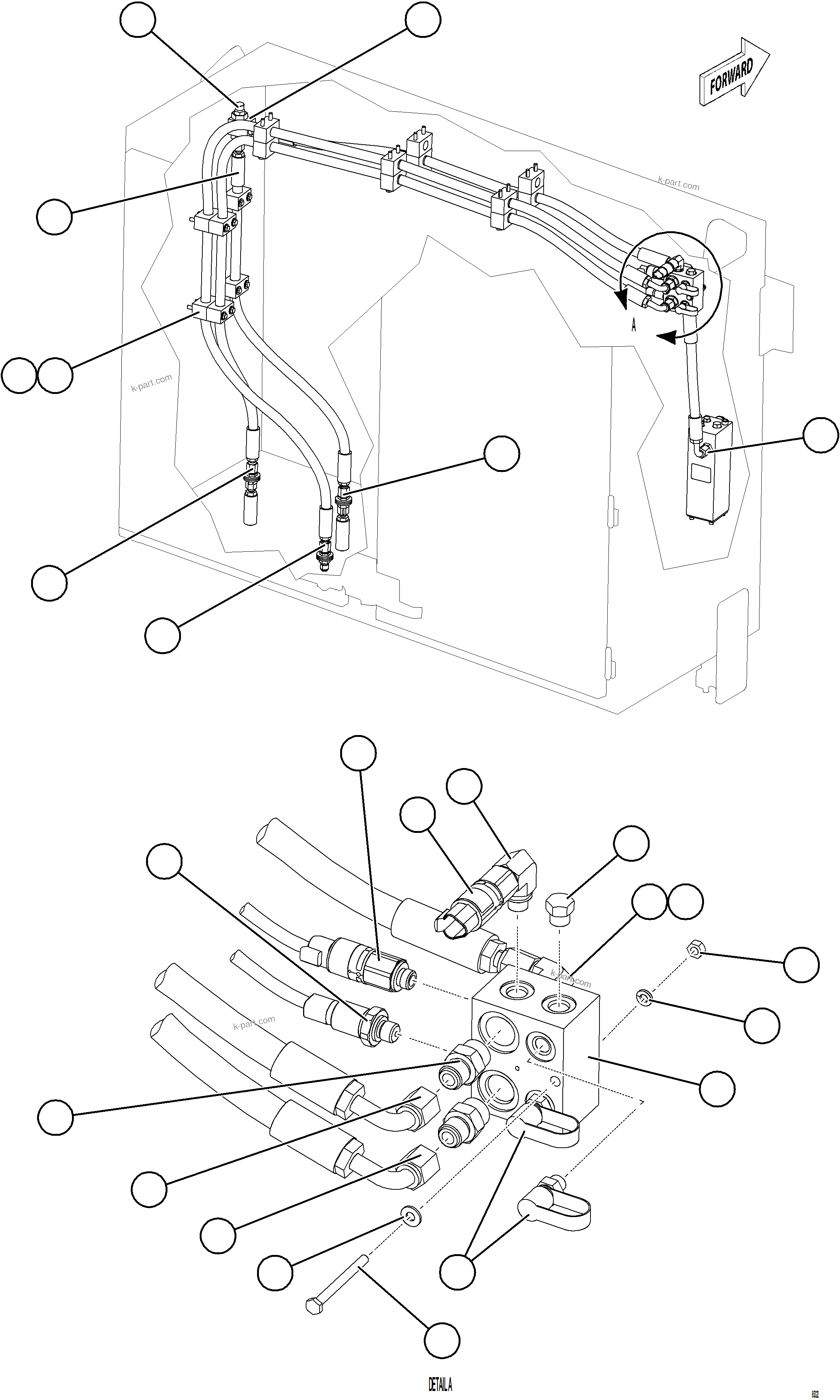 Komatsu parts book diagram for AFE75-BK 980E-5 S/N A50255 - A50256,A50257,A50260 - A50269,A50271 - A50273  KNA: SHUTTLE VALVE & JUNCTION BLOCK PIPING