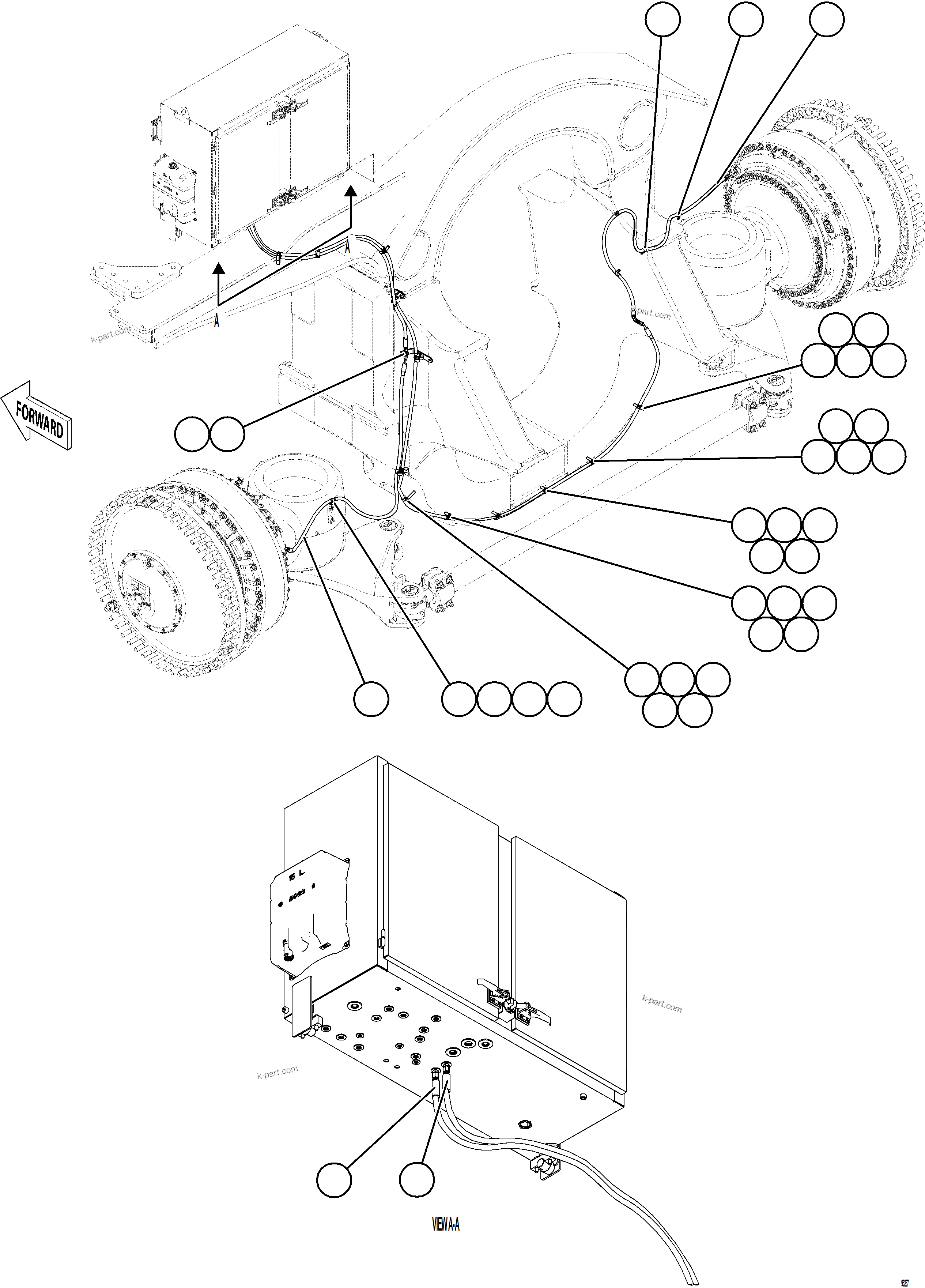 Komatsu parts book diagram for AFE75-BK 980E-5 S/N A50255 - A50256,A50257,A50260 - A50269,A50271 - A50273  KNA: FRONT BRAKE APPLY PIPING    1/2