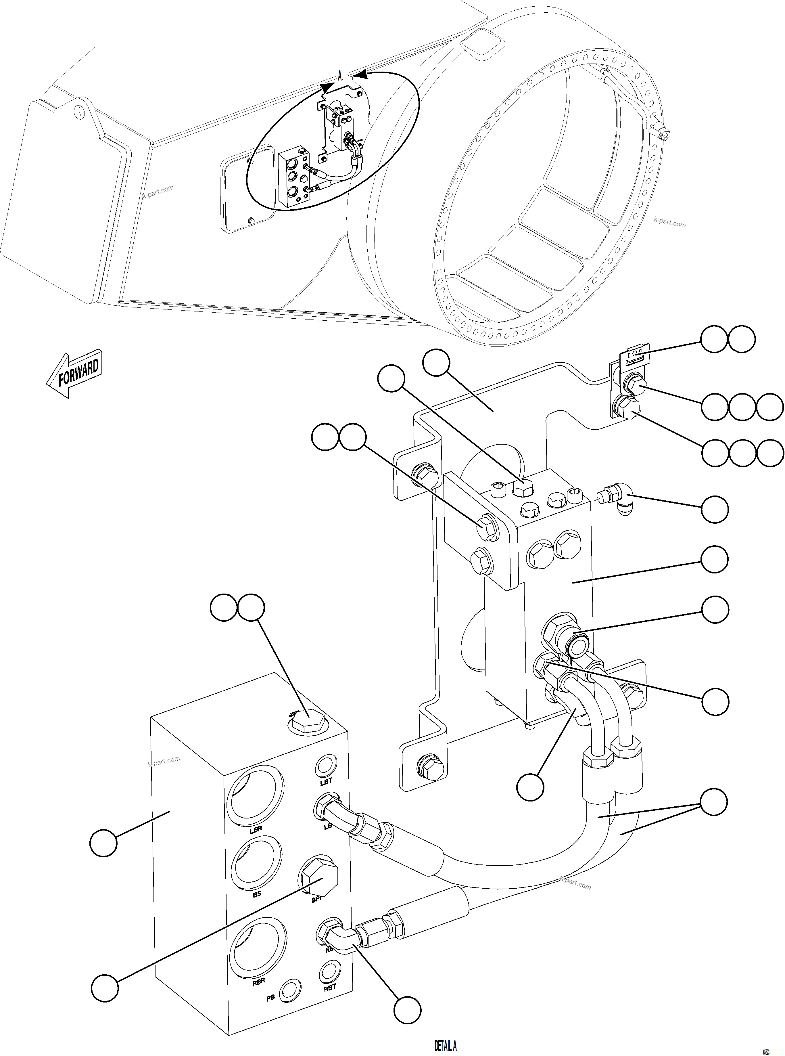 Komatsu parts book diagram for AFE75-BK 980E-5 S/N A50255 - A50256,A50257,A50260 - A50269,A50271 - A50273  KNA: REAR BRAKE DUAL RELAY VALVE INSTALLATION